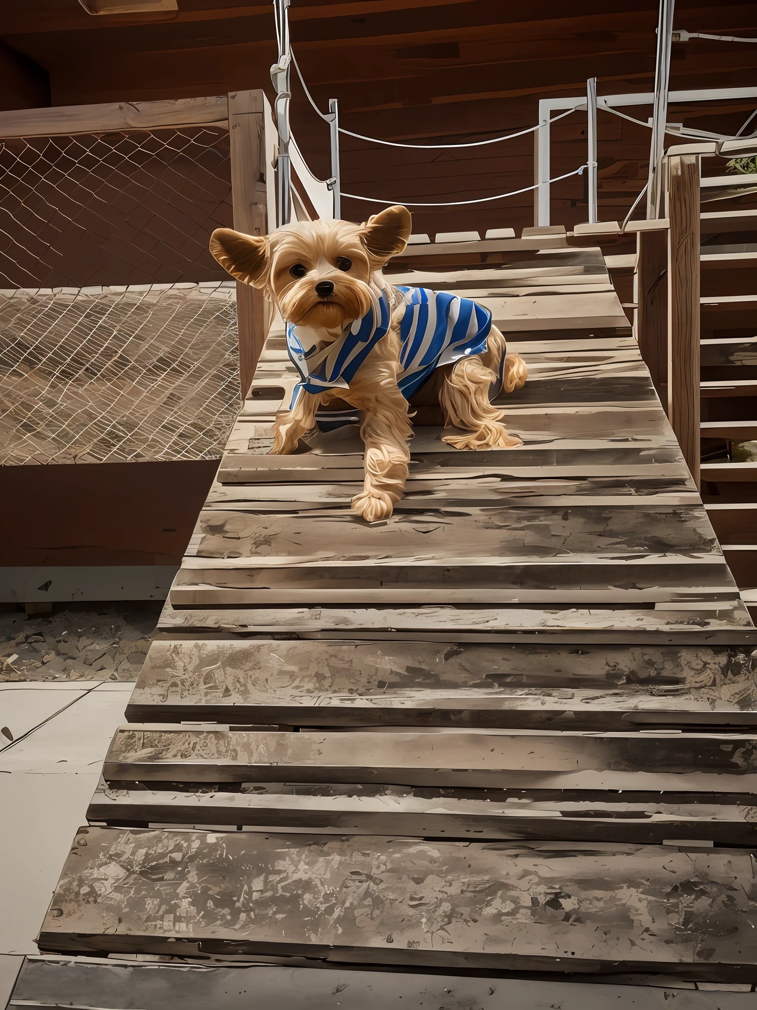 Realismo, retrato, cinemactic, obra prima, 4k, detalhado, There is a small Yorkshire terrier dog that is sitting on a wooden ramp, divertindo-se, olhando heckin legal e elegante, looking-into-camera, tirado no iphone 14 pro, imagem interna, olhar profundo, staring directly at camera, 2 anos