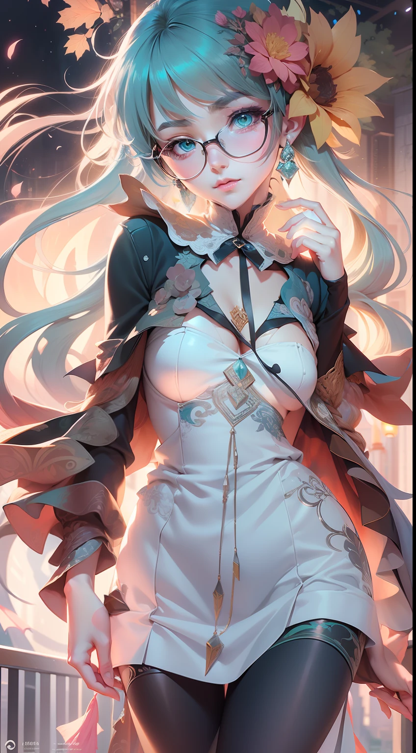 drawing of a woman with blue green color parted shoulder length hair no front bang and having glasses with flowers in her hair,korean art nouveau anime, beautiful anime artwork, artgerm and james jean, anime art nouveau, beautiful anime art, the flower prince, a beautiful artwork illustration, detailed anime character art, digital art on pixiv, anime fantasy illustration, detailed digital anime art, beautiful fantasy anime, clean detailed anime art, 2 d anime style, decora inspired illustrations, inspired by Yumihiko Amano, anime girl with teal hair, anime style portrait, beautiful anime art style, portrait of jinx from arcane, manga art style, anime style illustration, anime art style, extremely fine ink lineart, black and white manga style, black and white line art, ink manga drawing, intense line art, pencil and ink manga drawing, intense black line art, in style of manga, exquisite line art, perfect lineart,exquisite line art, exquisite digital illustration, detailed digital drawing, black and white coloring, digital anime illustration, a beautiful artwork illustration, detailed matte fantasy portrait, beautiful,(Daylight,autumn, Best quality, 8k, Masterpiece :1.3)), Whole body, Long legs, Sharp focus :1.2, A pretty woman with perfect figure wearing smart haute couture dress :1.4, Slender abs :1.1, ((Dark brown hair, small breasts :1.2)), (White tight tshirt, Jean bib, Standing:1.2), ((Night city view, Rooftop:1.3)), Highly detailed face and skin texture, Detailed eyes, Double eyelid,( watercolor \(medium\), IrisCompiet:1.2),abstract background, fantasy, many colors, wind blowing,masterpiece, best quality, (extremely detailed CG unity 8k wallpaper), (best quality), (best illustration), (best shadow), absurdres, realistic lighting, (Abyss), beautiful detailed glow,clear face, clean white background, masterpiece, super detail, epic composition, ultra HD, high quality, extremely detailed, official art, uniform 8k wallpaper, super detail, 32k -- v 6
