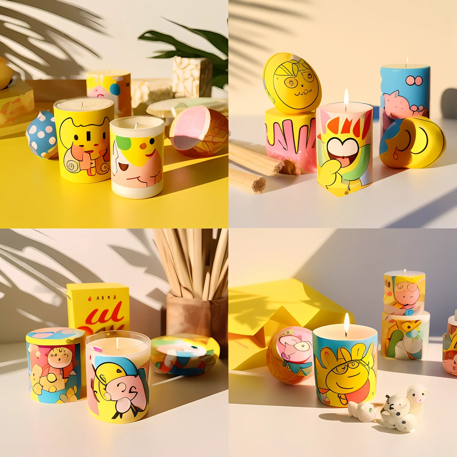 The table is filled with candles and candlesticks of different styles，Decorated with cute dolls，All angles of the product are shown。There are also pieces of paper and other cute little peripheral items around，Exudes a playful and cheerful atmosphere。kenny wong x pop mart、H.I.D and other series of products are displayed in the style of hand-drawn cartoon art，It adds the charm of collection products and Korean series products。The overall picture is full of brilliant happy atmosphere。 --auto