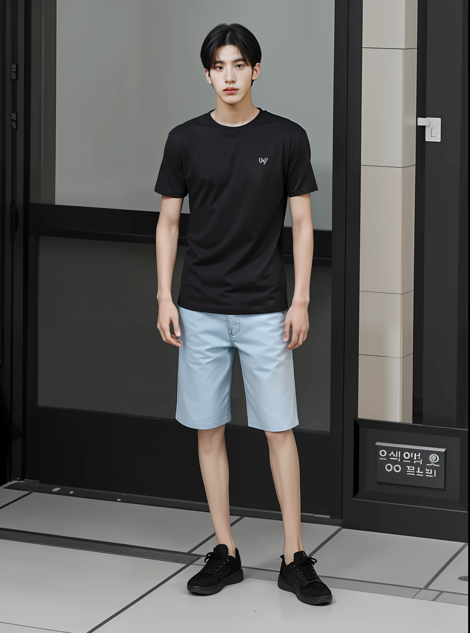 boy,Wearing a black T-shirt.,(Korean IdolWonwoo,ultra res,Full Body Stand)