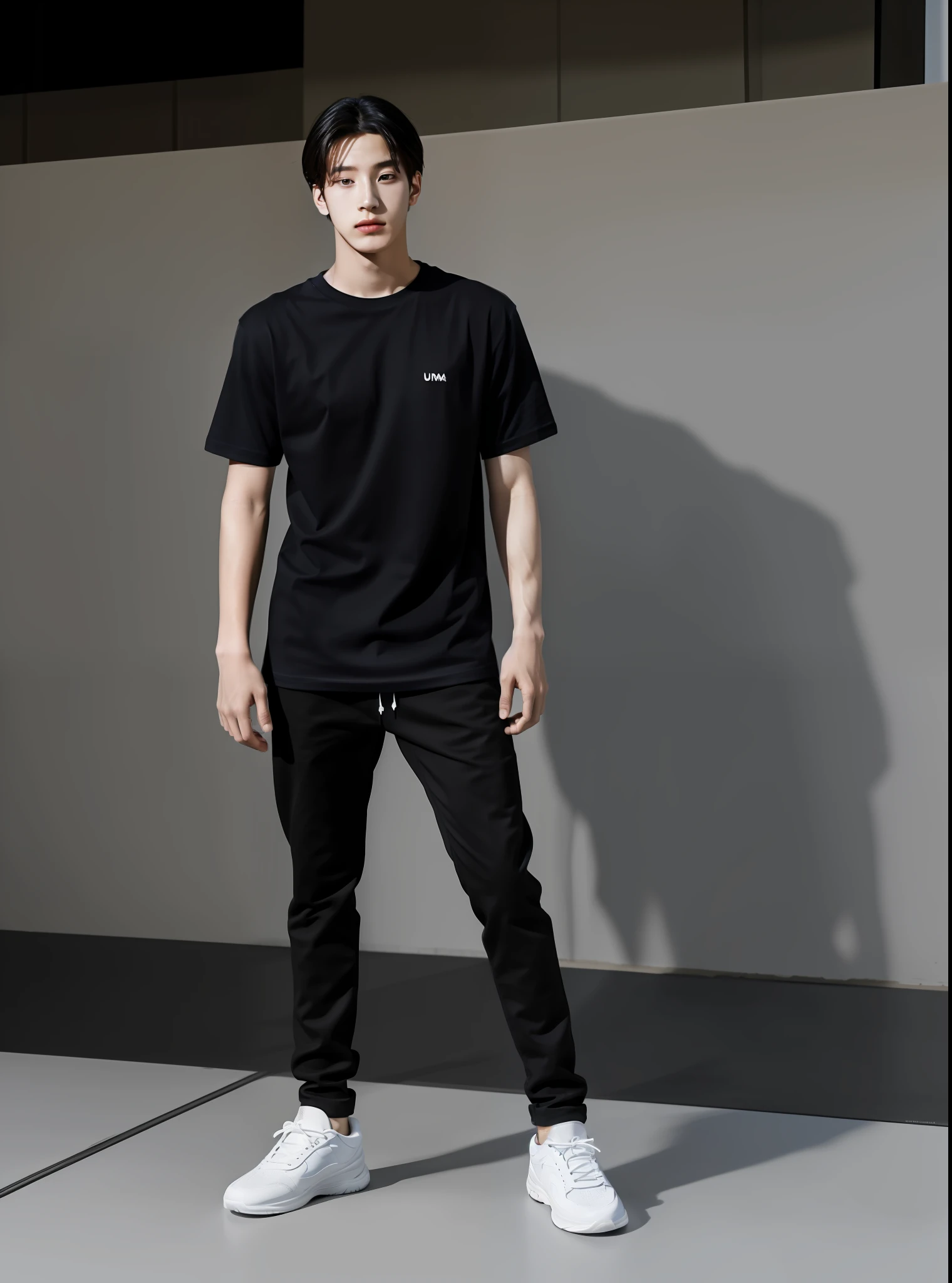 boy,Wearing a black T-shirt.,(Korean IdolWonwoo,ultra res,Full Body Stand)