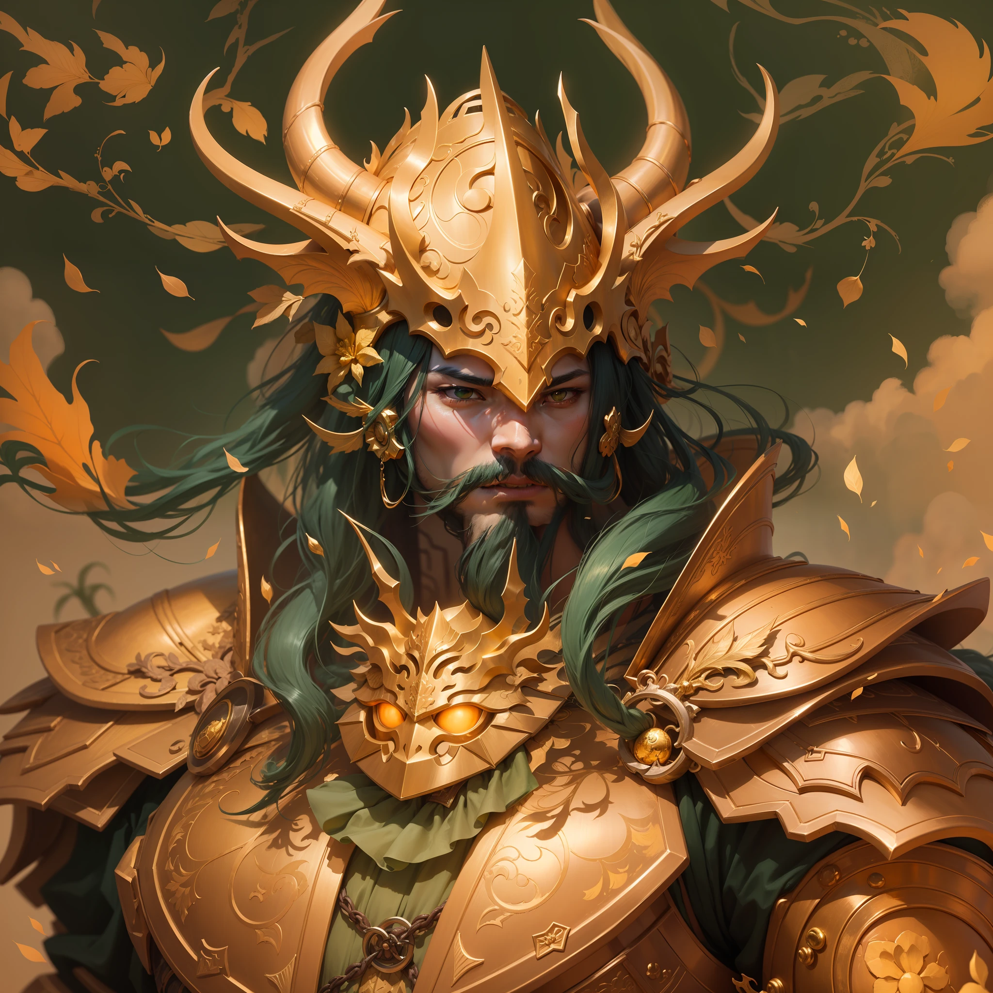 Wearing a golden helmet, he is shining brightly,Wearing gold armor and neon。The waist belt is full of pearls,Foot on smoked yellow boots are strange。The nose is as high as a tower,The heavenly court is as vast as a dragon。The eyes are shining and round,The teeth are sharp and aligned。Short hair fluffy and fluttering flames,Long beard dashing and golden cone。Bite into a sprig of green algae,Holding a nine-petal copper hammer。A babble opened the door,The sound is like the thunder of Sanchun。This describes the few human lives,Dare to call Lingxian the mighty king。
