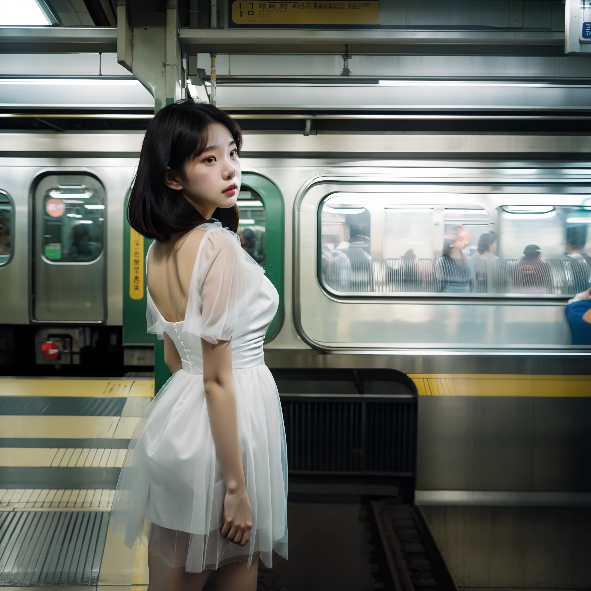 A woman in a white tulle dress stands on the subway platform，Face away from the camera，Looking to the left，Waiting for the train，Look into the distance，