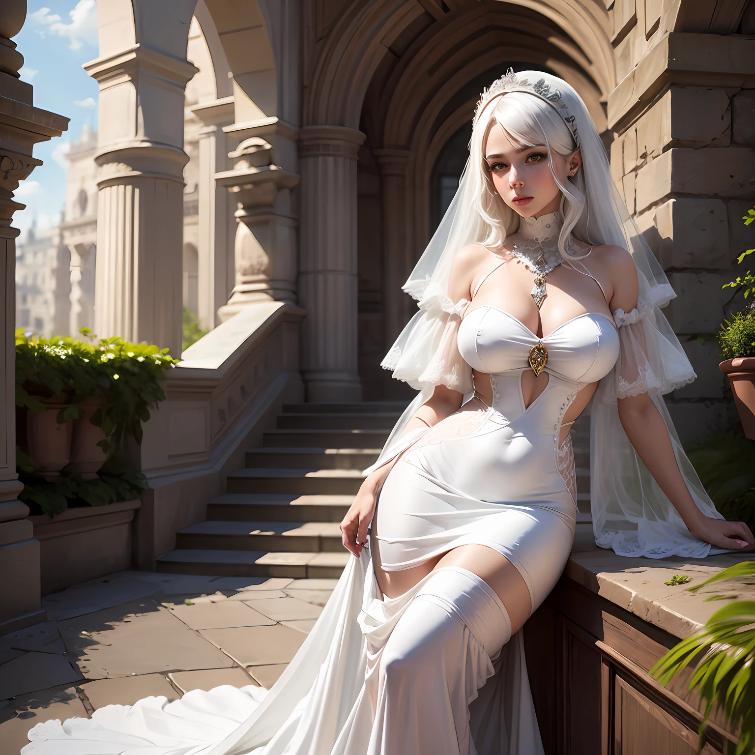 a beauty girl Colossal tits White hair Luxurious dresses dame younger sister eleonora jewely long skirt veils a flag Maids
