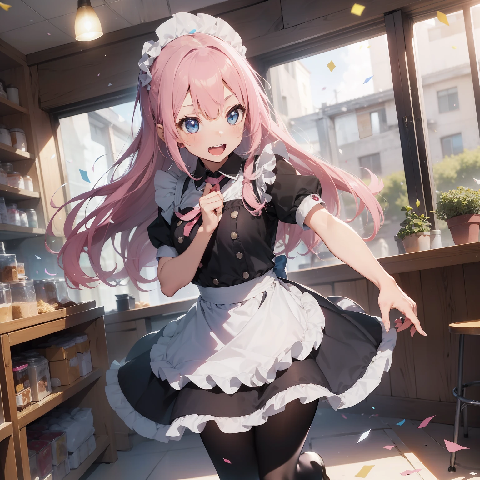 (superfine illustration:1.2),(masutepiece, 8K), (Best Quality, High quality:1.4), portlate、((Super Pastel)),Perfect Anatomy, Hyper Detailed, ultra-detailliert,masterpiece background,beautiful detailed background, V8K Wallpapers,perfect design, 1girl in, Solo, (Singing and dancing:1.4),(Confetti:1.4),(One-handed microphone)、)(Outstretched arms,slender, Very short sleeves,Pink hair,maid, Outstanding smile、frombelow, Cowboy Shot:1.2), (lightsmile, Open mouth, 17 years old, Pink hair, (Super long hair,Twin-tailed), Blue eyes, Blue eyes, Black blouse, Short sleeves, maid apronl, white maid apron, Long black trousers, Long pants, long boots, Slender girl), (Inside a coffee shop in a fantasy world of medieval Europe)、(dynamic motion)、