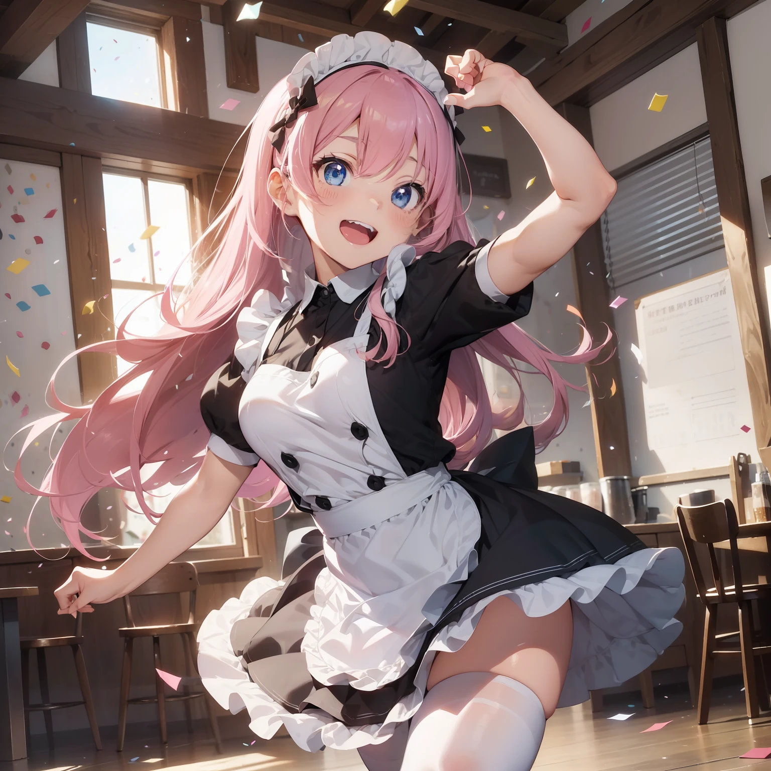 (superfine illustration:1.2),(masutepiece, 8K), (Best Quality, High quality:1.4), portlate、((Super Pastel)),Perfect Anatomy, Hyper Detailed, ultra-detailliert,masterpiece background,beautiful detailed background, V8K Wallpapers,perfect design, 1girl in, Solo, (Singing and dancing:1.4),(Confetti:1.4),(One-handed microphone)、)(Outstretched arms,slender, Very short sleeves,Pink hair,maid, Outstanding smile、frombelow, Cowboy Shot:1.2), (lightsmile, Open mouth, , Pink hair, (Super long hair,Twin-tailed), Blue eyes, Blue eyes, Black blouse, Short sleeves, maid apronl, white maid apron, Long black trousers, Long pants, long boots, Slender girl), (Inside a coffee shop in a fantasy world of medieval Europe)、(dynamic motion)、