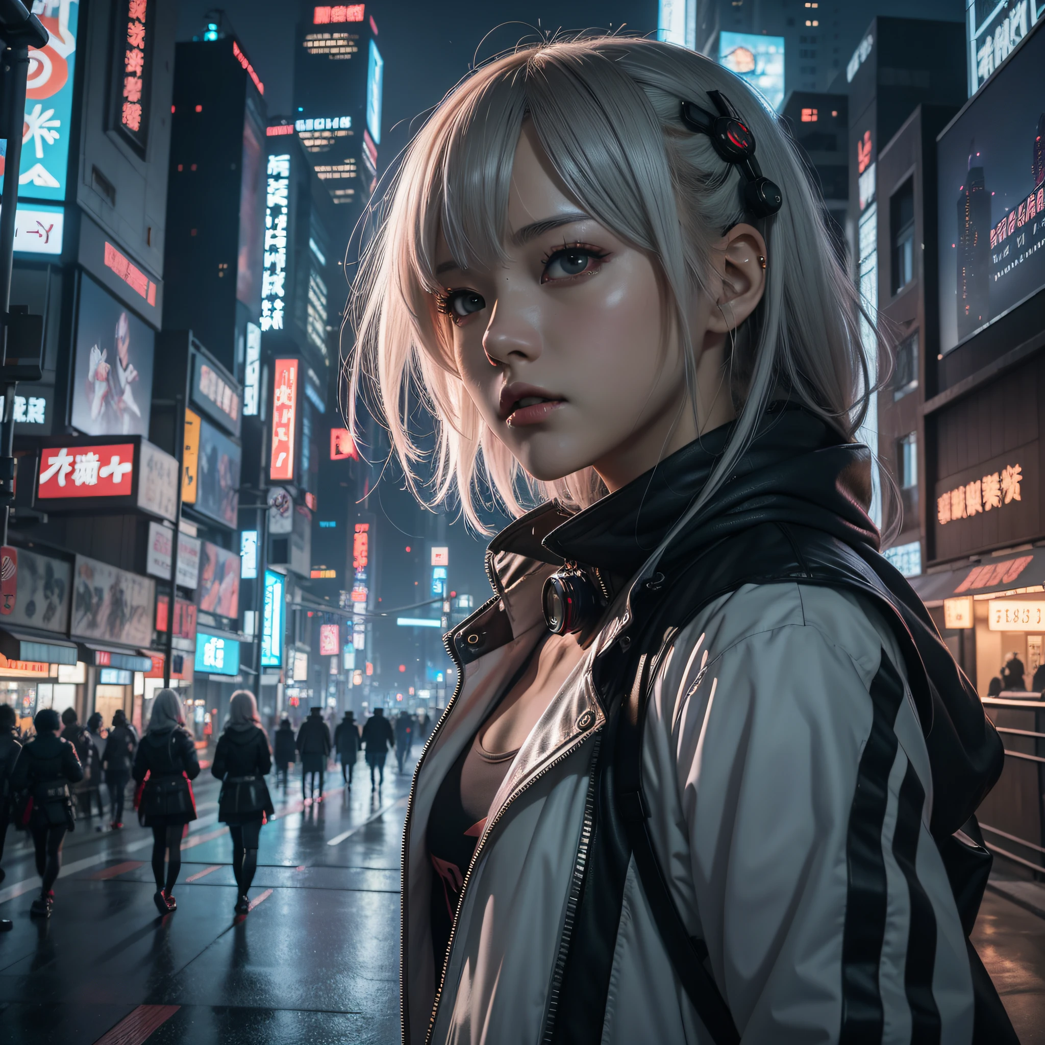 anime girl in a futuristic city at night, ayanami, style of anime4 K, digitl cyberpunk - anime art, Digital cyberpunk anime art, rogue anime girl ayanami rei, Rei Ayanami, anime cyberpunk art, Badass anime 8 K, Best anime 4k konachan wallpaper, Anime art wallpaper 8 K, anime styled digital art, cyberpunk anime girl,Fantasyart,photographrealistic,动态照明,Volumetriclighting,Very detailed faces,4K,