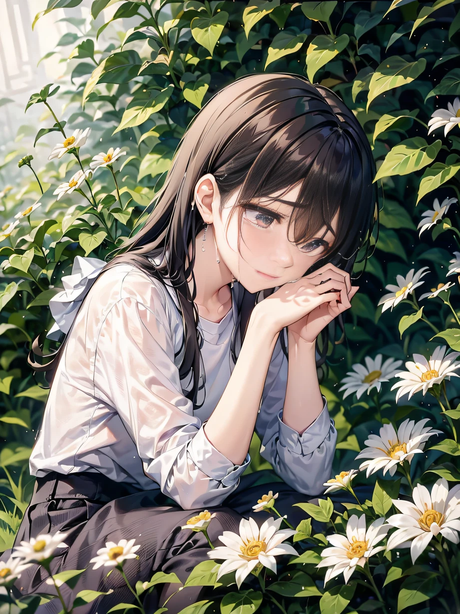 ,Masterpiece, Best quality,8K, 超高分辨率,In an abandoned flower field,The grieving man huddles among the flowers and plants,Tears kept slipping down。The flower darkened by his mood,He seemed to feel the sadness in his heart。。