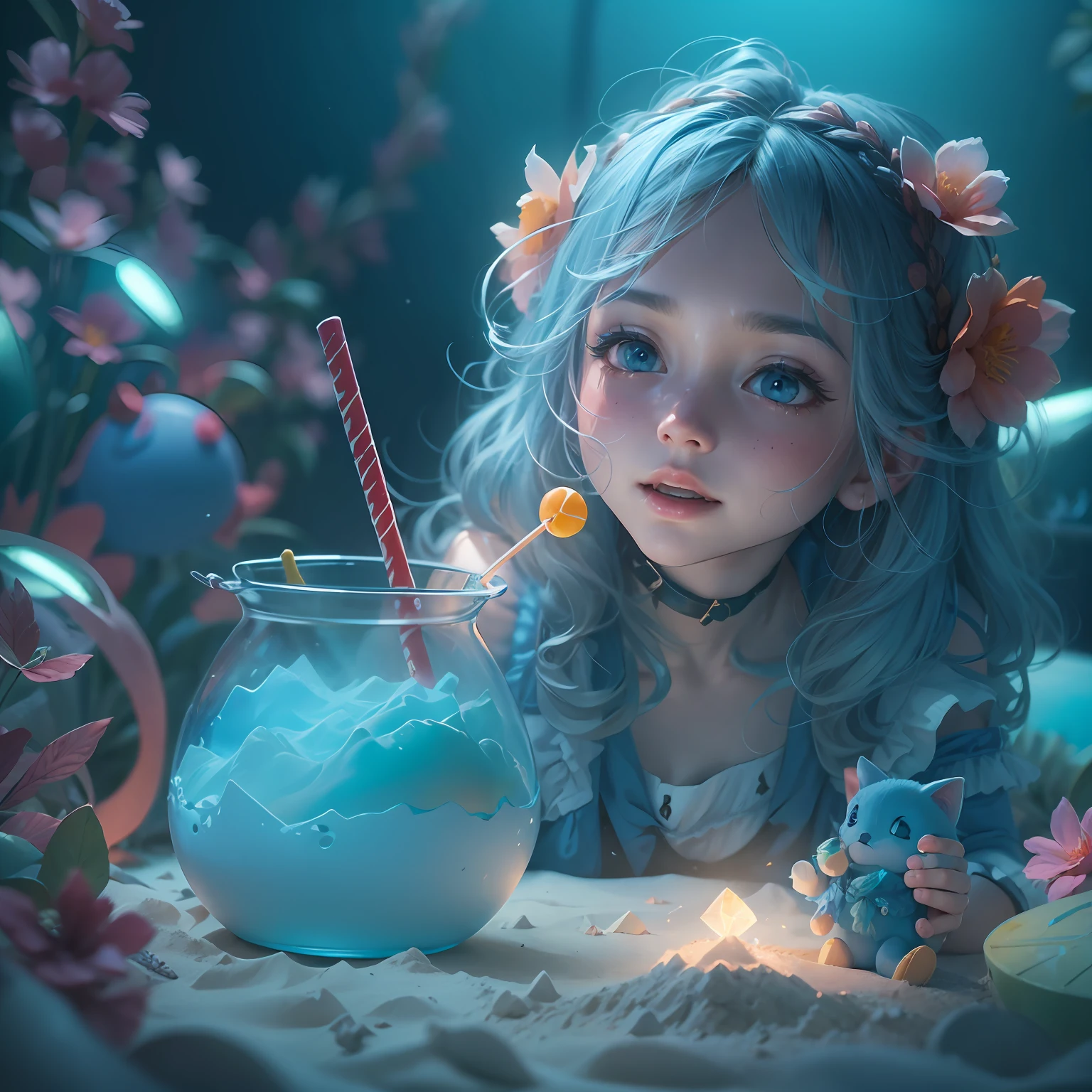 (sandbox:1.4),in a panoramic view，Solo, full bodyesbian，Beautiful and cute little girl, Wear delicate blue leather shoes，It's like being in the middle of the ocean，Wearing a blue dress, ssmile，Long light blue hair，A blue lollipop in his hand，Rococo style，Material de vidro，crystal material，extremely detaile, Cinematic lighting effects，4K，tmasterpiece，offcial art
