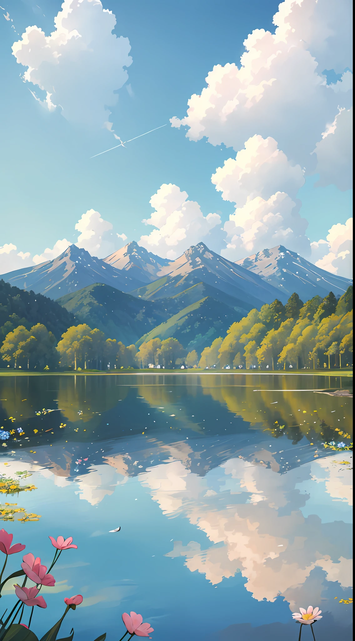 Summer, meadows, a few small flowers, clear lakes, sheep, heaven, large clouds, blue sky, hot weather, HD detail, hyper-detail, cinematic, surrealism, soft light, deep field focus bokeh, distant vistas are snowy mountains, ray tracing, and surrealism. --v6