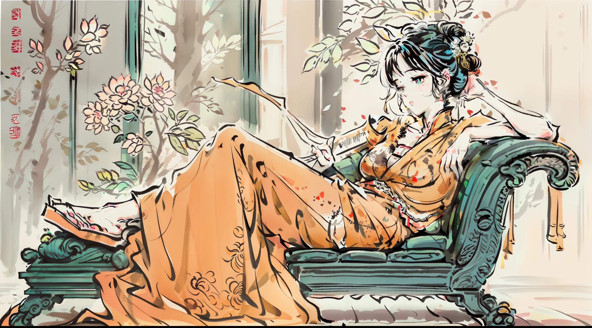Painting of a woman sitting on a classical Chinese chaise longue, clean lineart,perfect lineart, ink outline, Ink outline