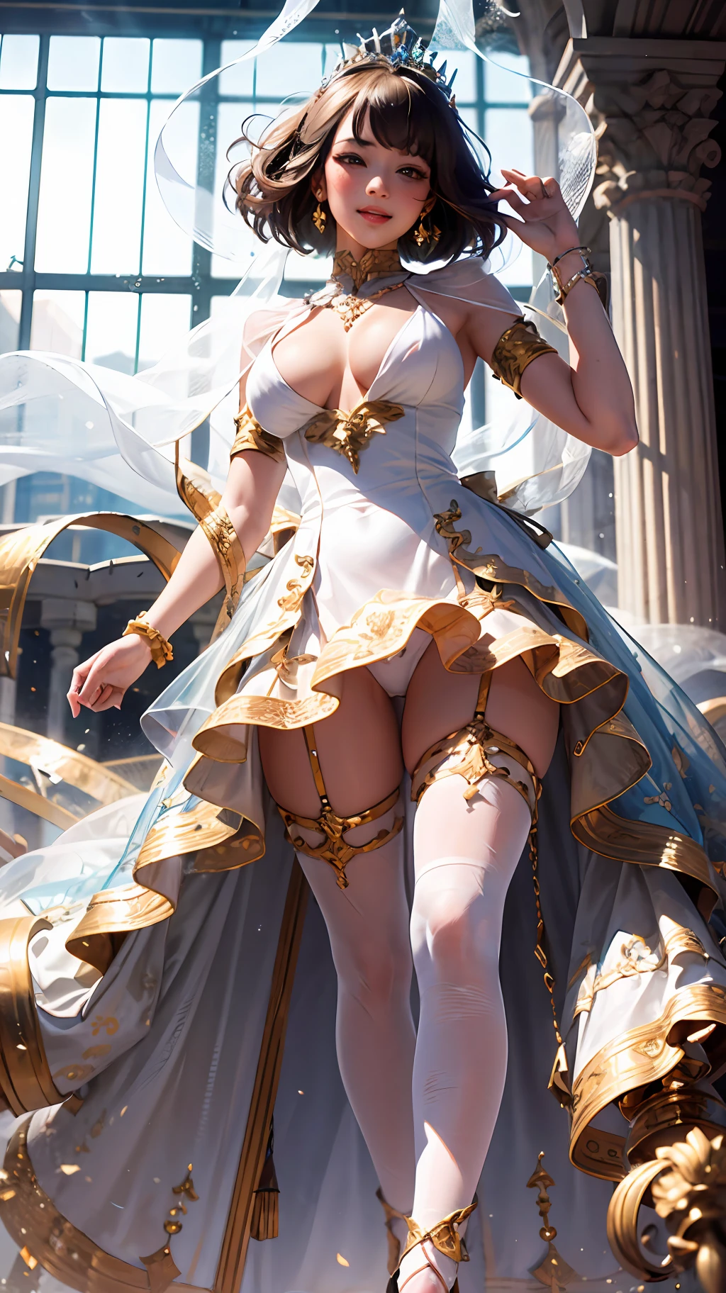 (absurdres),(4k), (best quality), (ultra detailed), (highres), (illustration:1.4), (detailed face:1.1), (highlights in eyes:1.3)(detailed hair:1.3), (detailed skin:1.3),photorealistic:1.2,BREAK ,princess,17yo,kawaii:1.3,(1girl,she is princess,african dark skin:1.1),(Tiara with five ruby diamond,on head),(dark short hair:1.4,beautiful detailed hair,swept bangs:1.5 ),,(red eyes),sagging breasts:1.2,reality skin,joyful smile,BREAK (blush),summer,sunlight,sunshine,lensflar,wind:1.2,(Royal Palace in the Desert,walking bridge at river c),,BREAK (dynmic angle),(from below),luxury dress:1.3,dutch angle,full body:0.7,,lift up skirt:1.5