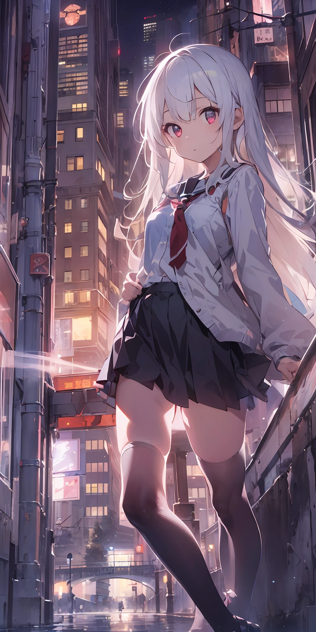 1girl, beautiful detailed eyes, long white hair, light red eyes, school uniform, high black stocking, lustrous skin, city, night, high contrast, ((masterpiece, best quality))