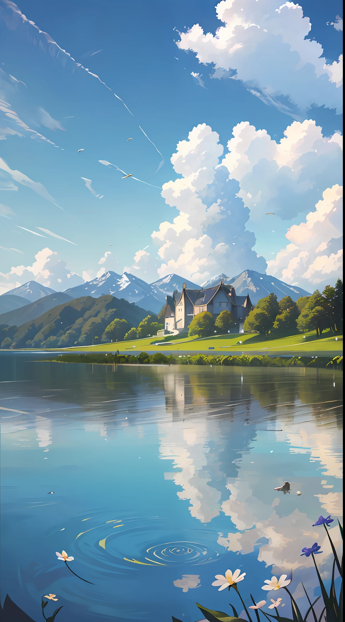 Summer, meadows, a few small flowers, clear lakes, sheep, heaven, large clouds, blue sky, hot weather, HD detail, hyper-detail, cinematic, surrealism, soft light, deep field focus bokeh, distant vistas are snowy mountains, ray tracing, and surrealism. --v6