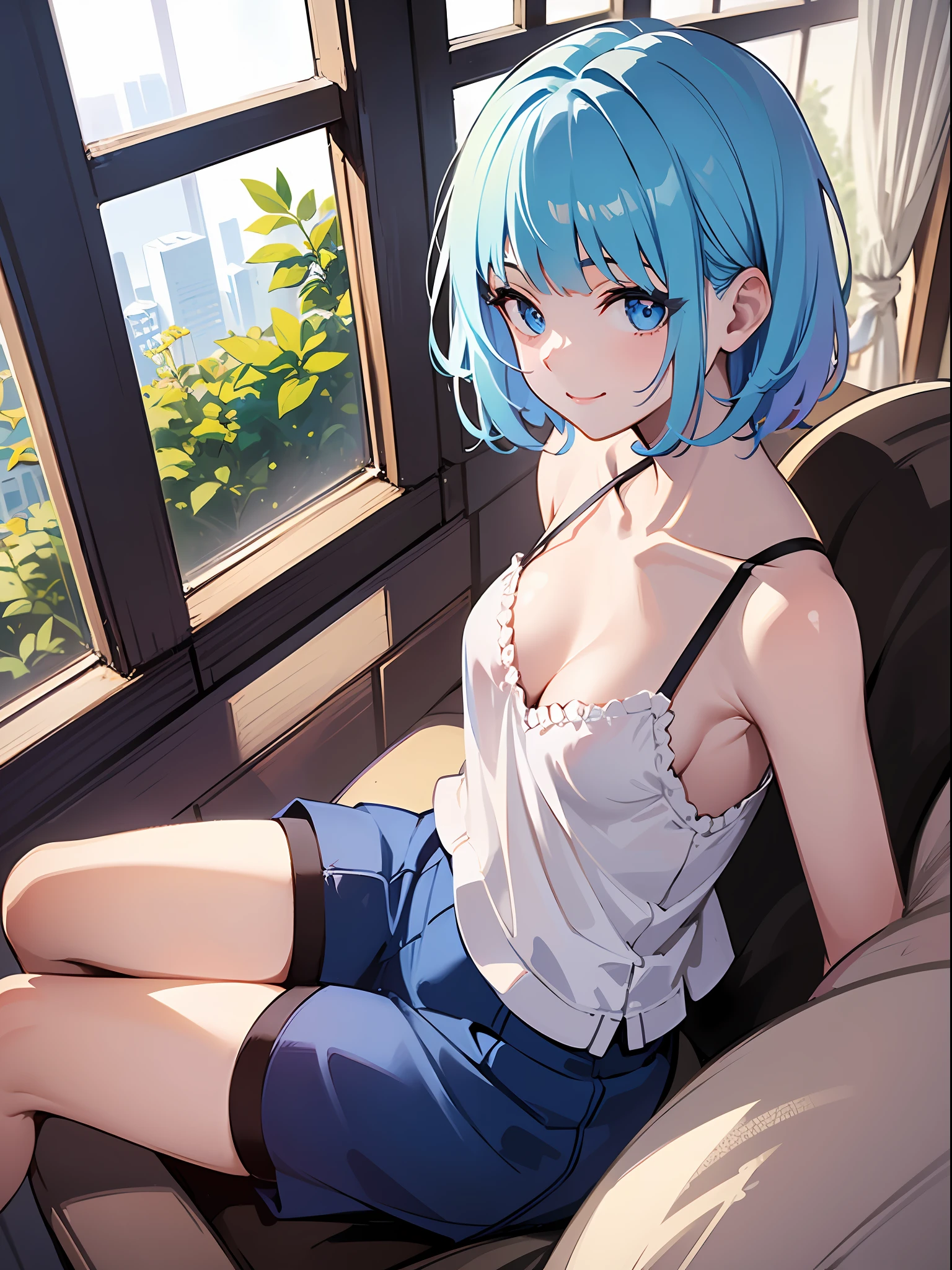 (masterpiece:1.3), (best quality:1.3), high resolution,
from above, dutch angle, couboy shot,
sitting, body facing forward, sitting on the sofa, M shaped spread legs,
(one cute girl:1.3), solo,
white skin, small Breast, eight-headed person,
light blue hair, (bobbed hair:1.2), (short hair:1.2), (blunt bangs:1.2), beautiful hair, blue eyes, beautiful detailed eyes,
heart, cheerful smile,
blue check skirt, camisole,
indoors, living, white room,
shadowlighting,