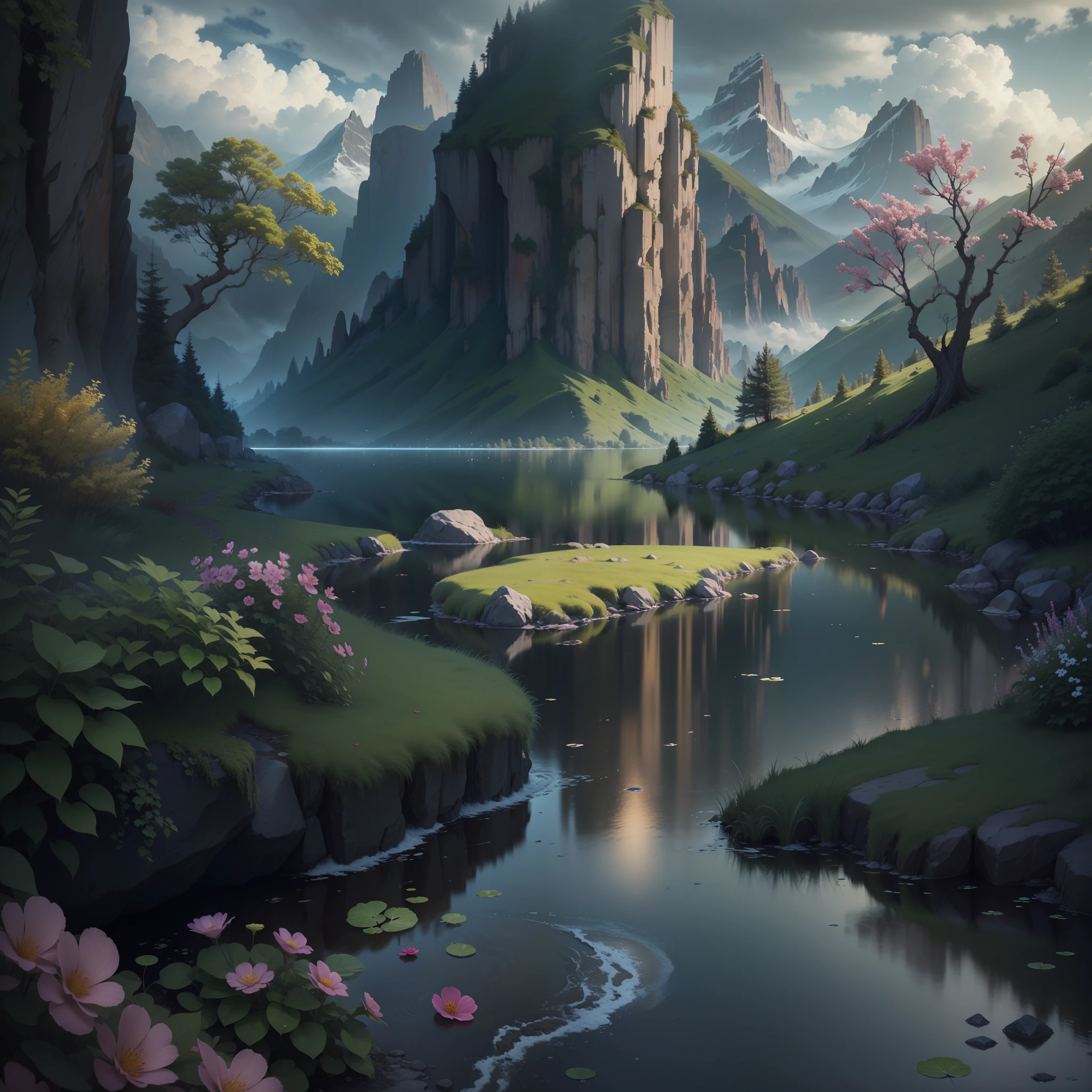 (Masterpiece, Best quality, High quality, Extremely detailed Cg Unity 8K wallpaper), landscape, NOWAI， flower, Cloud, sky, No Man, Mountain, landscape, water, tree, rain, waterfallr, cliff, Nature, Lake, River, award winning photography, Bokeh, The depth of f...
