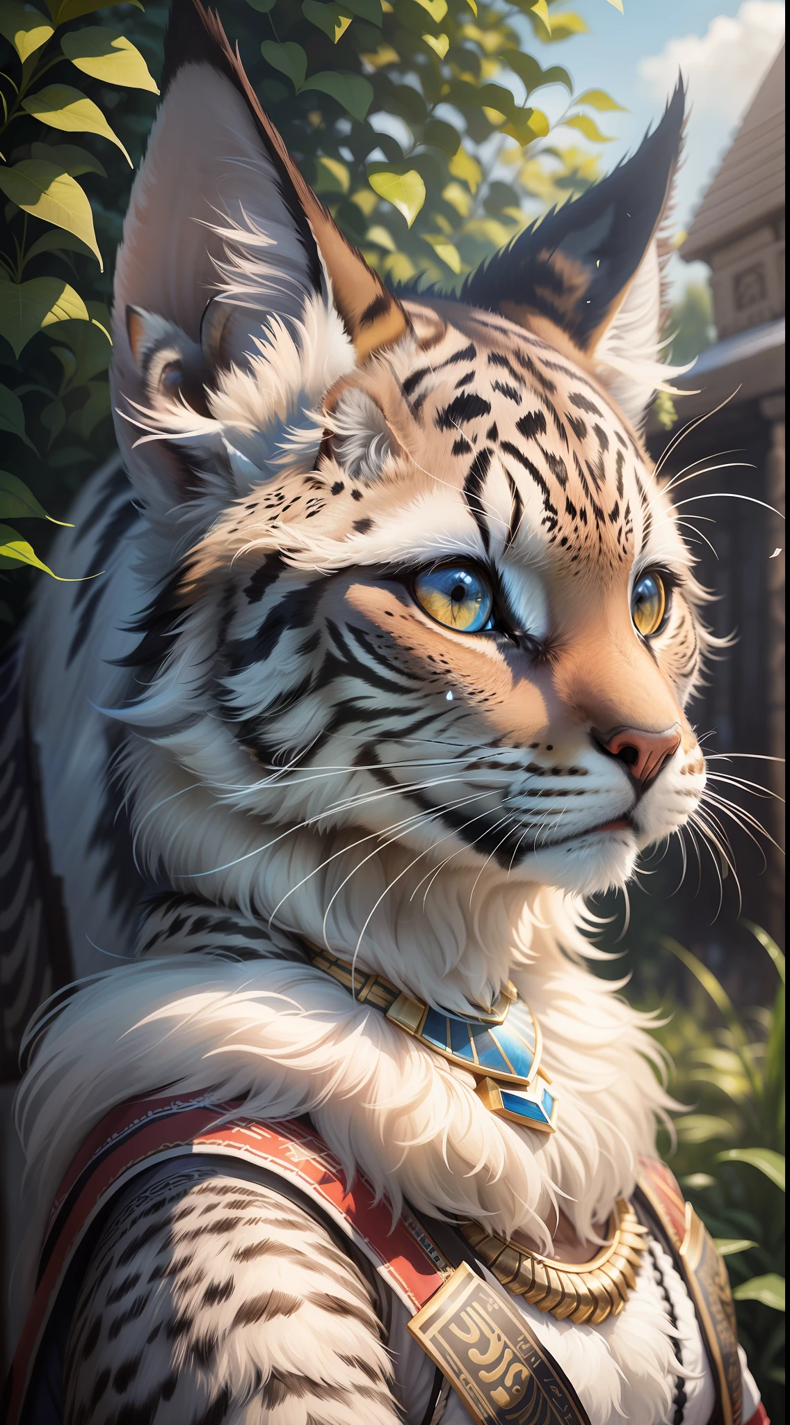 tmasterpiece, beste-Qualit, Fluffy girl, En plein air, HDR, blue skies, Sun light, Pyramind Perfect Light, Animal nose, 独奏, Detailed fur, The epic concept of the film is charming, egyptian clothes, looking a viewer, Shelly, Lynx, 64 thousand.