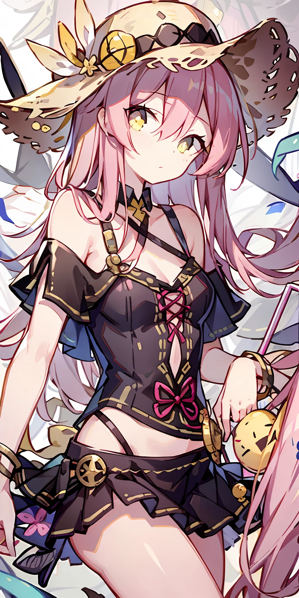 (Pink hair 1.3),Yellow pupil,With a straw hat