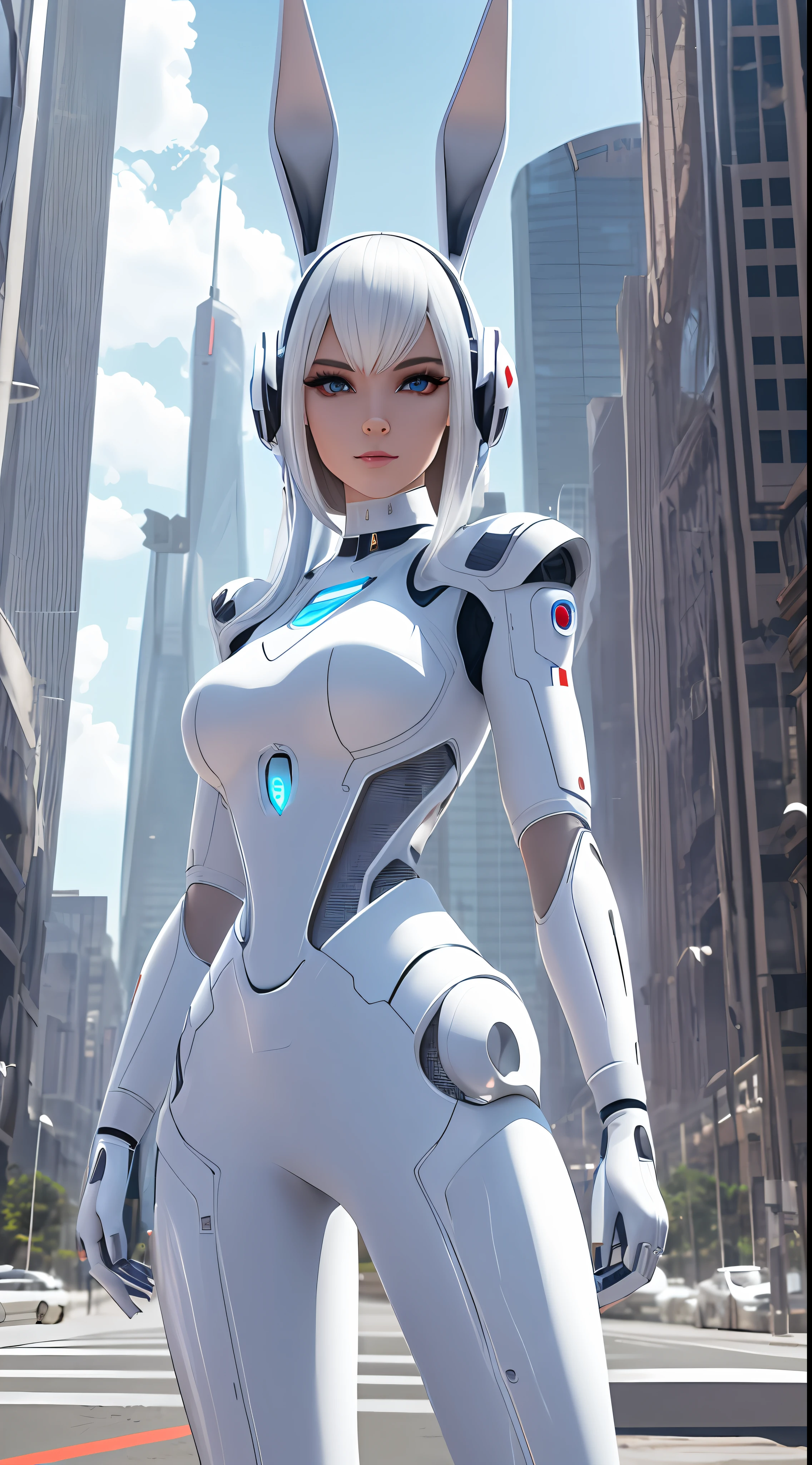 Arad woman in white dress,Rabbit ears and city background, fashionable futuristic woman, cyborg fashion model, wearing futuristic clothing, beautiful android woman, retrofuturistic female android, beautiful female android, Cute cyborg girl, cyborg - girl with silver hair, wearing futuristic, white cyborg fashion shot, 3 D rendering character art 8 K, Futuristic style, sci - fi character --auto