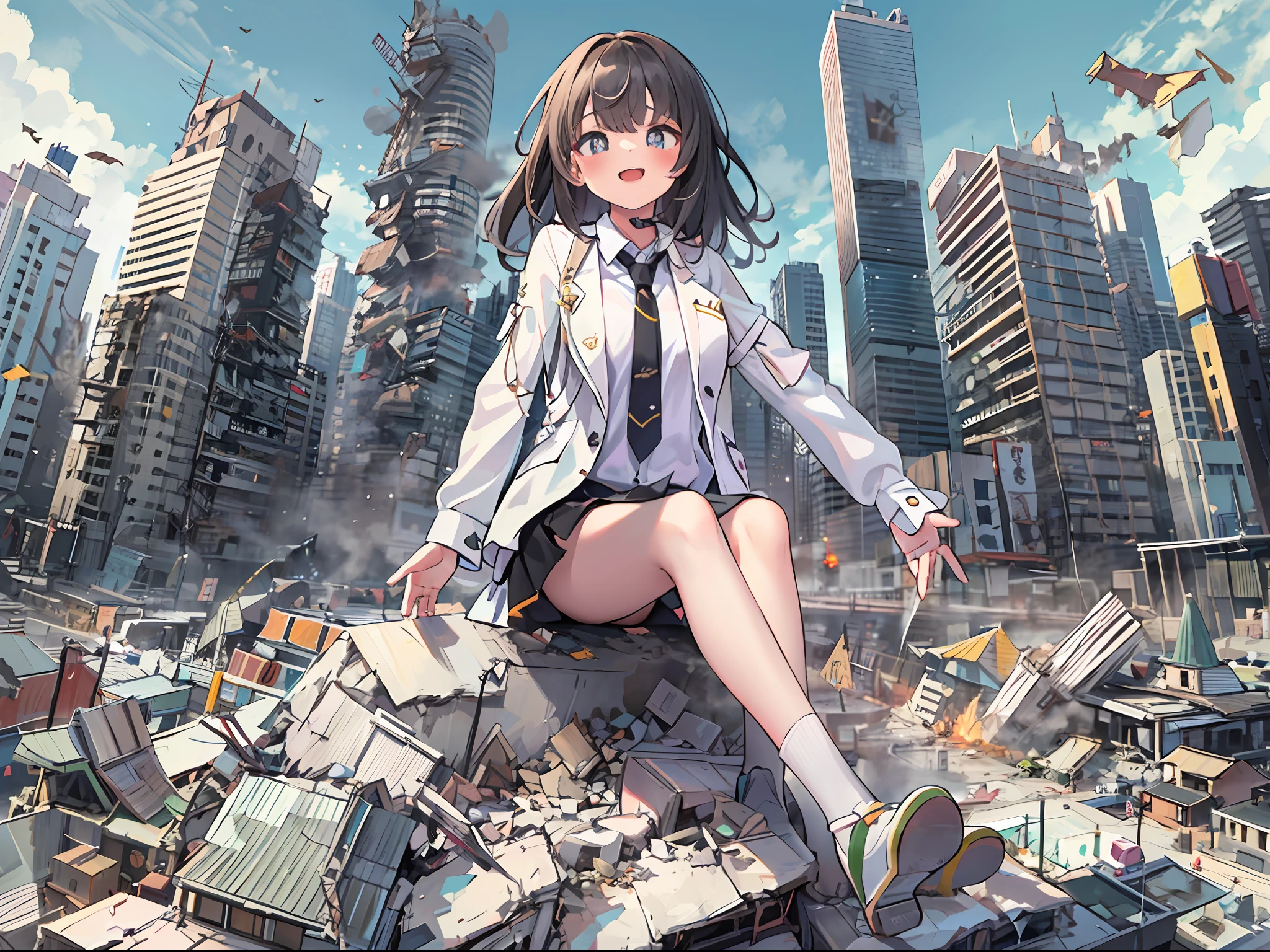 1girl, 16 years old, nice hands, two legs, five fingers, full body, bigger than buildings, suit, white shirt, destroyed buildings, GTScity, as a giantess, bright pupils, smile, naughty face, 16k, high quality, high details, anatomically correct, textured skin