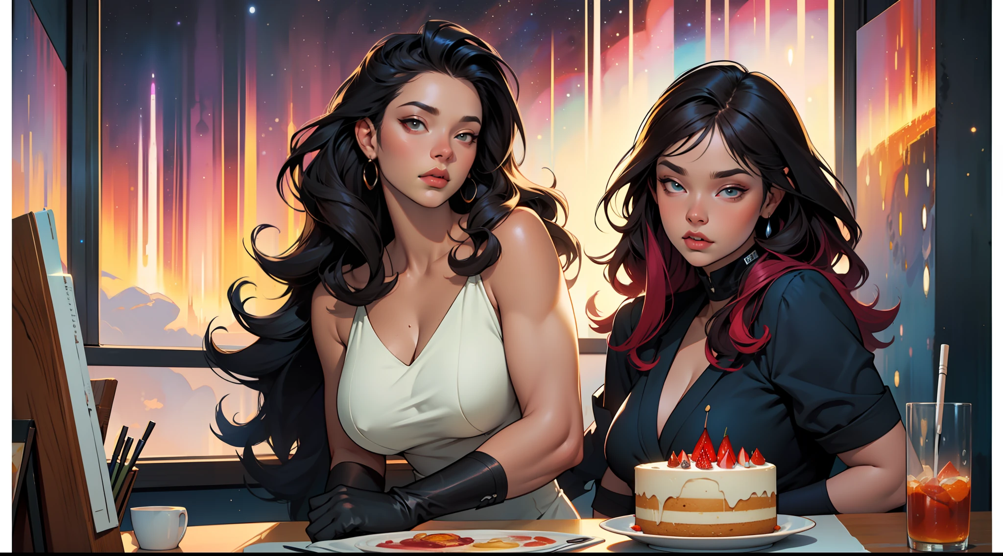 Making a cake in the kitchen, View from the window, Cozy interior,abstract beauty,approaching perfection,dynamic,Highly detailed,digitalpainting,Artstation,Concept art,Smooth,sharp-focus,illustartion,Artists: by Carne Griffiths, Wadim Kashin,leonid afremov,kandinsky,Psychedelic,watercolour,mother-of-pearl foil,stylish,Fantastic,colorful neon, s face, waist-high, portraite of a, up close, near, A glorious sunrise, aura, Glow, multi-colored bright aurora borealis, spectrum, In a chic, mixed-language_SMS, (beautiful and clear background:1.2),, fantastic paintings , high detailed eyes, The Space of the Northern Lights, galaxy, Gorgeous hair, Loving. Love. ultra detail hair, Best Quality, hiquality, hight resolution, detail enhancement, ((most beautiful image in the world)), Masterpiece, Best Quality, High Quality Detail Enhancement, ((most beautiful image ), Shiny hair, Ultra chic, Topless, naked body, curvy chic body, Stampa Flores, art by stjepan sejic, art by j scott campbell, Artist Guillem March, art by citemer liu, 4k, hight resolution, comic book character, comic, high quality detailed, style of ::2.0 comix illustration style,tatoon style, hiquality, hight resolution, detail enhancement, 8K, HD, Best Quality, hiquality, hight resolution, detail enhancement, 8K, HDR, sharp-focus, Ultra Detailed, perfect lighting, Curvy Body, Lush big breasts, Curvy big hips,Thin Transparent Gloves, Fantastic, witchy