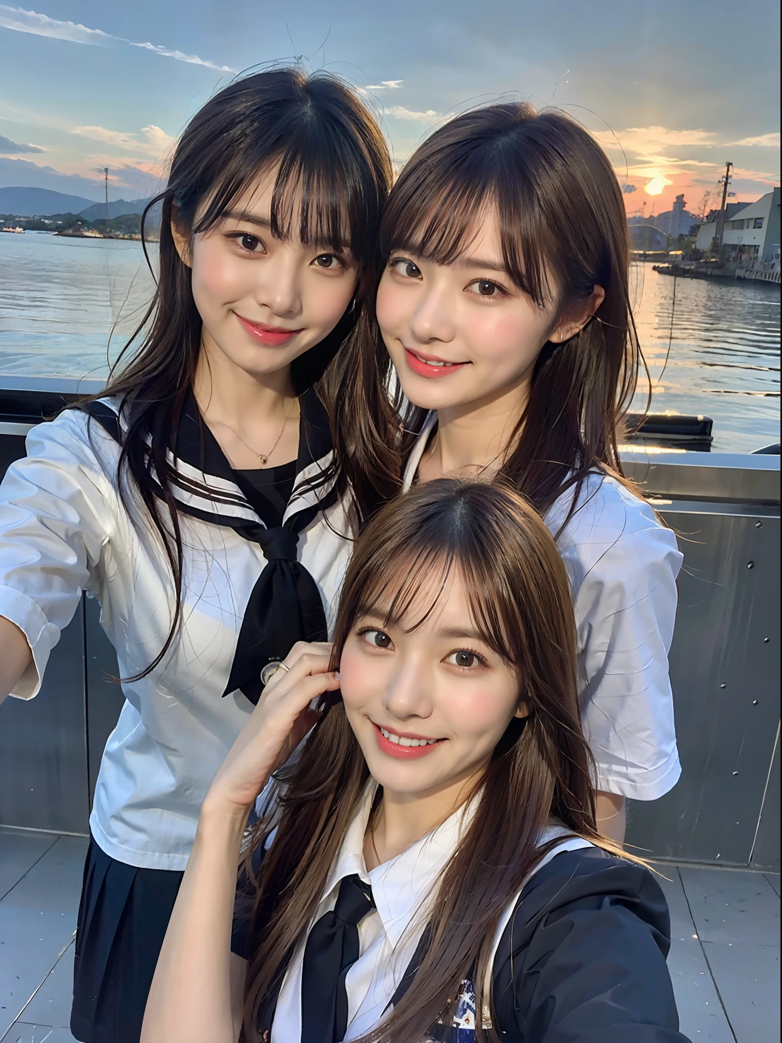 (8K、Raw photography、top-quality、masterpiece:1.2)、ultra-detailliert、ultra res、(realisitic、Real Photographics:1.47)、(Using the kiss you throw as a camera)From above、Camera from above、Camera angle from above、I'm looking at this with upward eyes、Two women's voices connect the body、Holding hands、High-quality images taken with a camera from above、Above the sea、、Offshore Girl(Fantastic lighting)head to waist、、de pele branca、Fair-skinned female proofreading、An ultra-high picture quality、、Beautiful female proofreading reflecting in light、amazing detailed、Beautiful girls in very detailed、Faces with different patterns、Different face patterns、Each hairstyle has its own characteristics、Farbe々Hairstyle、Farbe々Hair color shining with clean light、I enjoy fishing on a boat、Brown hair shining in the light、One has a ponytail、、Modern cute high school girl、very detailed faces very detailed eyes、Very realistic skin、 extremely detailed fingers, highly detailed nose, highly detail mouth, perfect anatomia, Highly detailed sailor suit、、The details of their hair and uniforms shine through、Burning teeth and smiling、Realistic body, de pele branca, glistning skin, Slim body, Long straight hair, (Blunt bangs:1.2), , nixeu and sakimichan, TWICE, Seifuku, sakimichan, JK Uniform, wearing japanese school uniform, promo still, Larisa Manobal, Japan school uniform, japanese girl school uniform, alena aenami and lilia alvarado