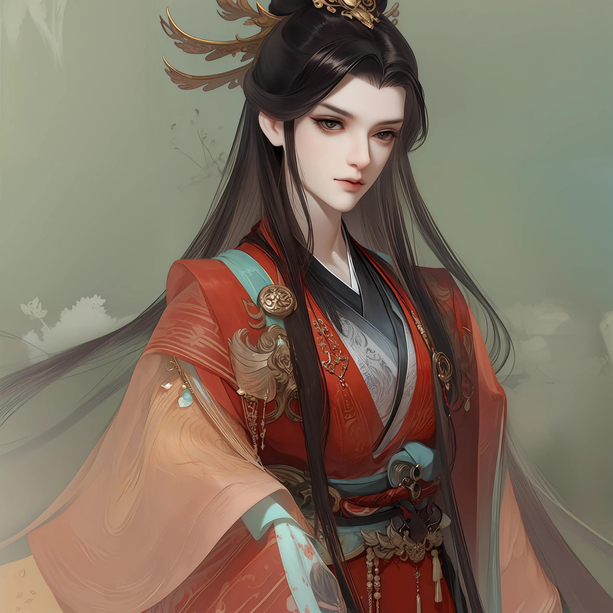 best qualtiy,tmasterpiece,highly detailed wallpaper,1 woman、pretty eyes,Character standing drawing,malefocus,brunette color hair,long whitr hair,Kingly temperament,详细的脸,gorgeous hair accessory,Reasonable structure,Hanfu,超高分辨率,sketching,ink wash style