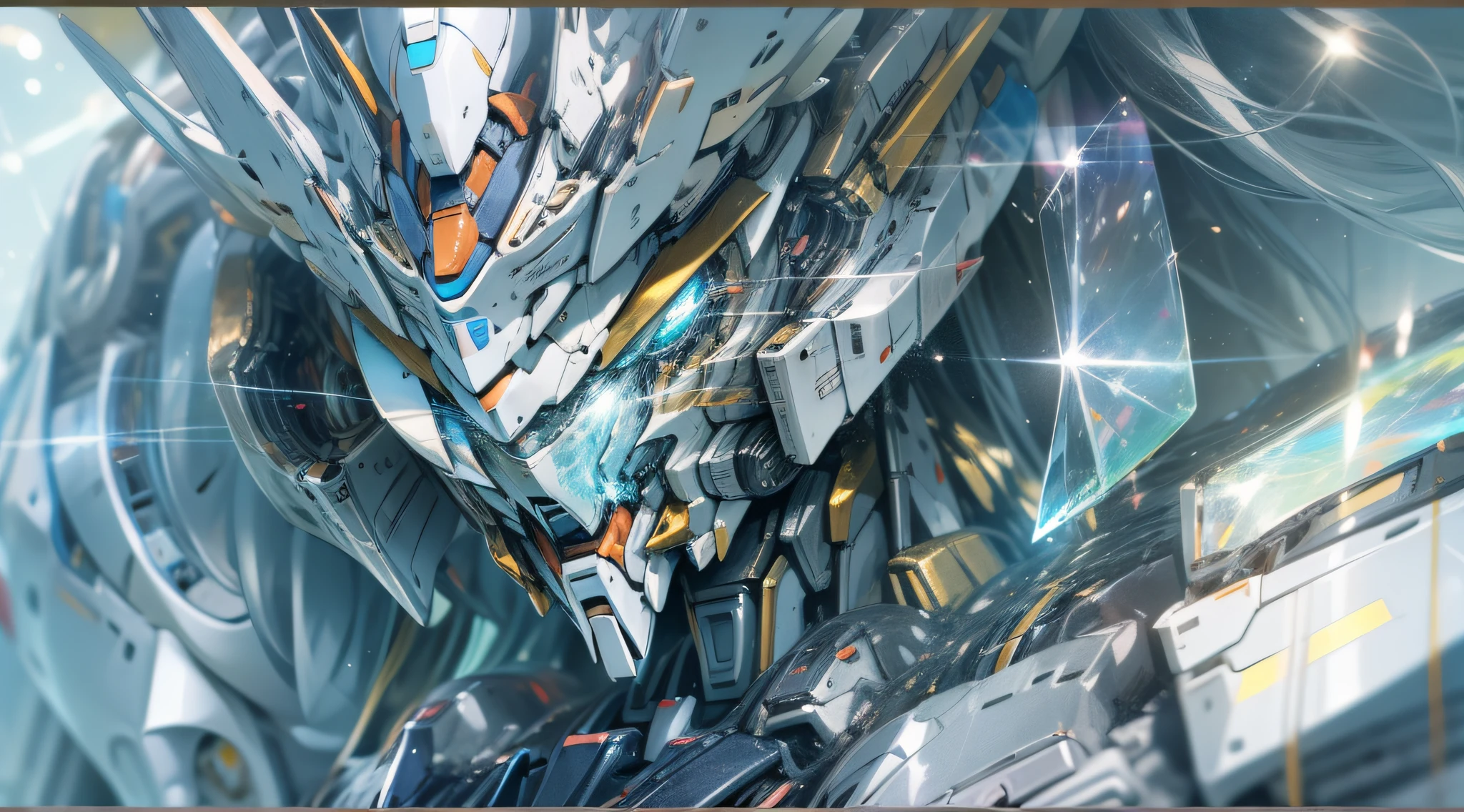 a close up of a gundam robot like object in a glass case, glass gundam, made of crystalized synapse, god king of ai art, sliver ice color reflected armor, anime robotic mixed with organic, detailed cosmic angelic robot, crystal face, holographic artifacts, ( ( god king of ai art ) ), covered in full silver armor, high detail, high quality, 3D rendering