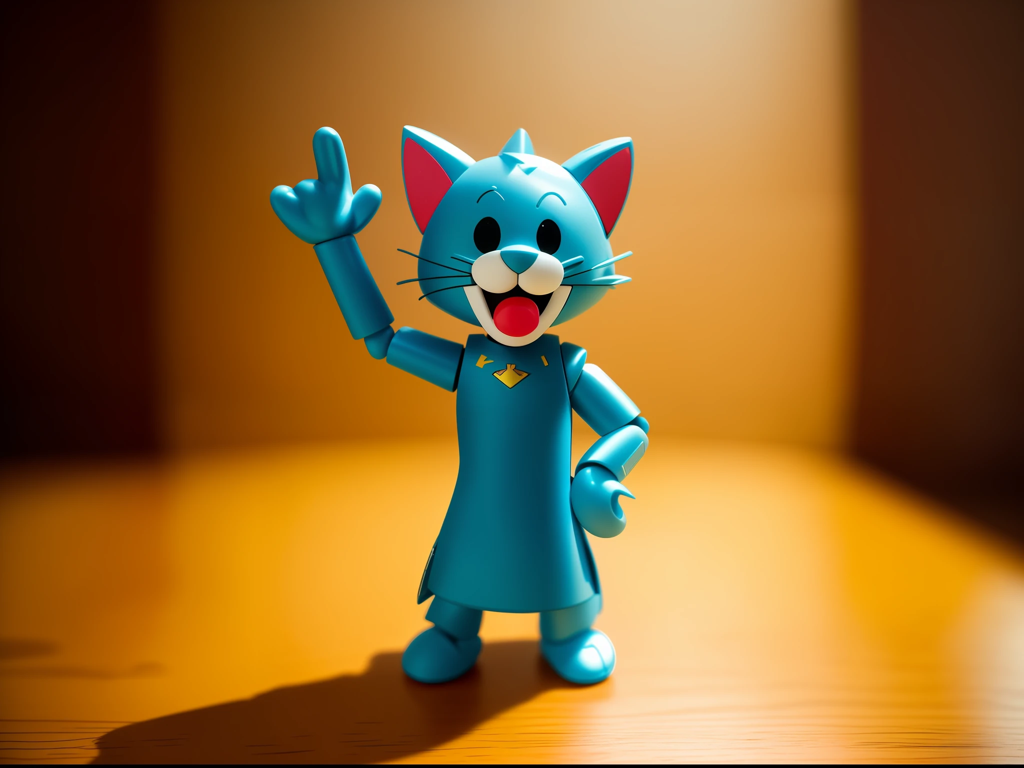 There was a toy cat standing on the table, toy photo, vinyl toy figurine, Wearing Iron Man armor, toy photography, action figurine toy, Tom and Jerry, stop motion character, vinyl action figure, happy meal toy, bluey, a happy meal toy of hatsune miku, Cute funny figurines wooden, claymation character, commercial photo of toys