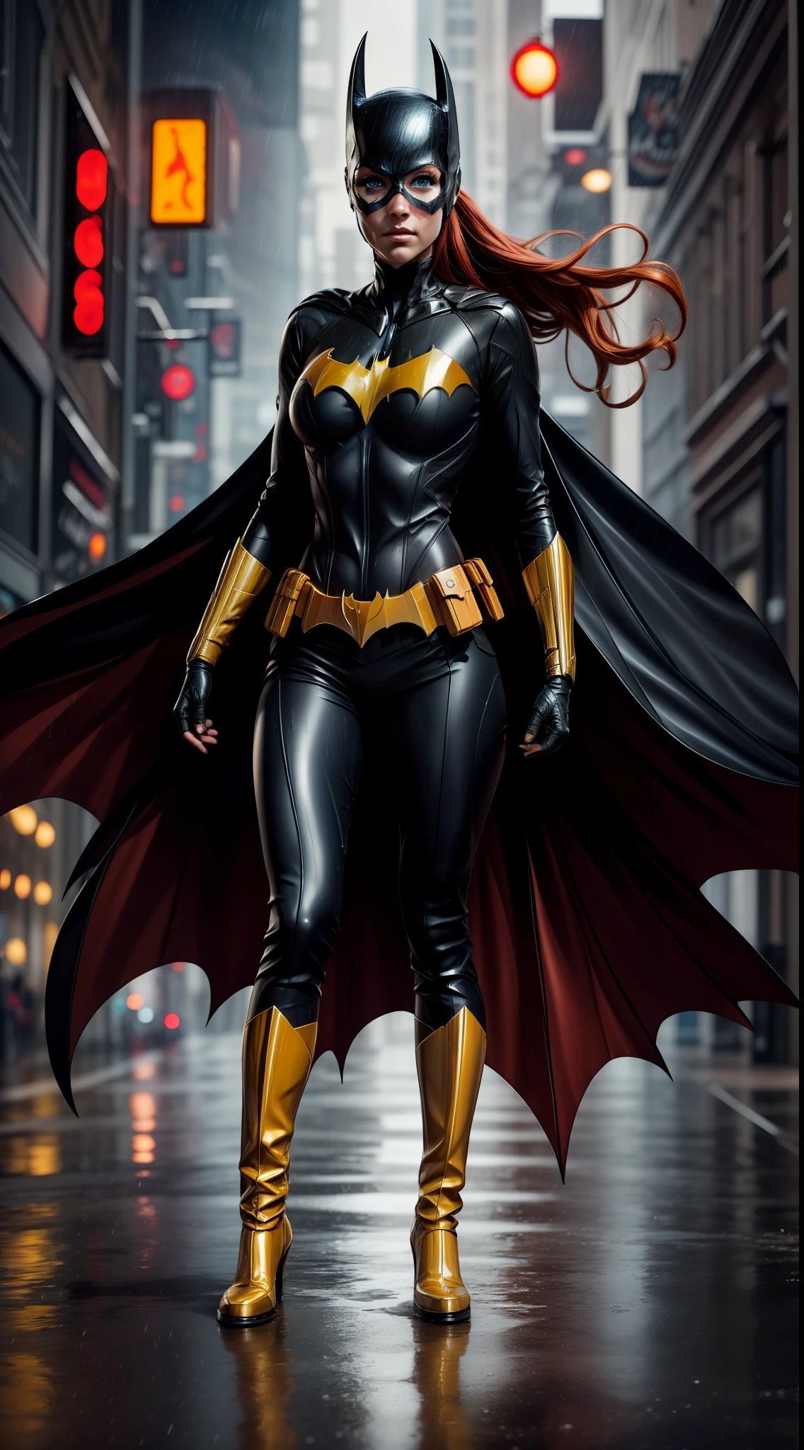 barbara gordon, anime, beauty, Batgirl clothes, Batgirl cosplay, wind effect, full body photo, prominent figure, standing on the edge of a skyscraper, night, photo (Masterpiece) (Best quality) (Detail) (8K) (HD) (Wallpaper) (Cinematic lighting) (Sharp focus) (Intricate), sexy, rain, wet, rays, best quality, ultra high resolution, photorealistic, full body portrait, incredibly beautiful,  dynamic poses, detailed skin texture, highly detailed skin, detailed face,