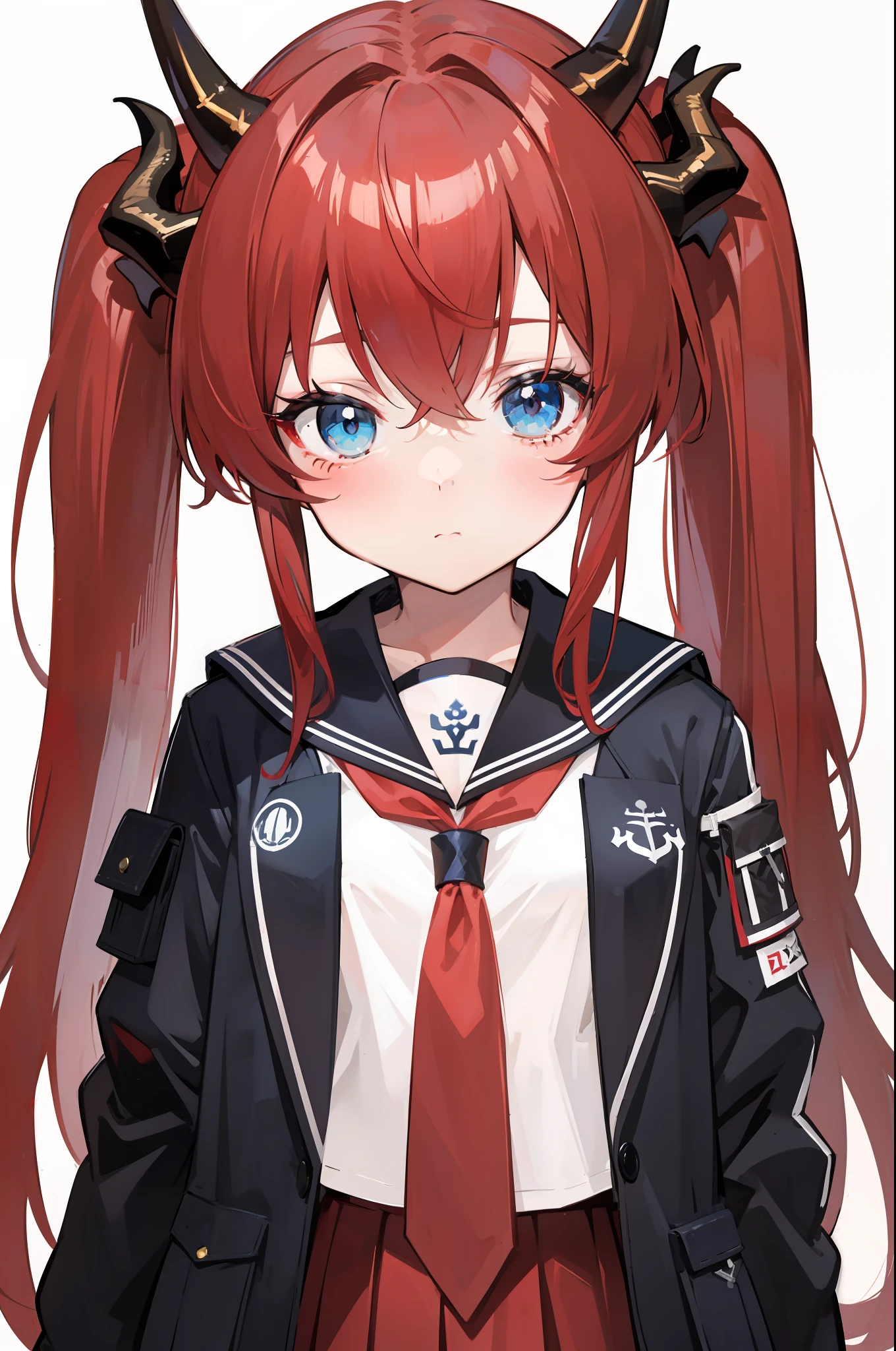 red hair, blue eyes, twintails,Sailor suit,Dragon horns,coat,red Pleated skirt,solo,1girl, arknights, long hair, ,