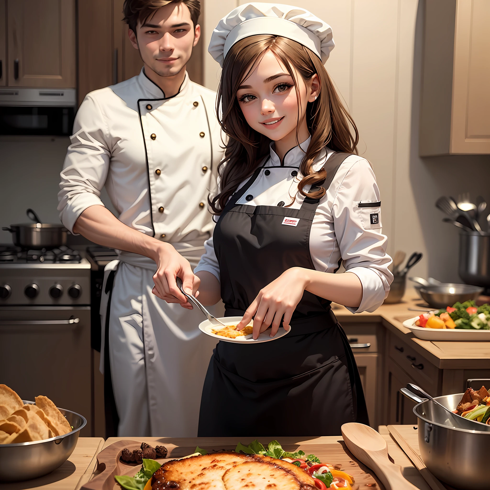 (masterpiece, best quality, detailed background, intricate details), fancy kitchen, 1girl, chef, cooking, brown hair, chef hat, chef uniform, smiling --auto