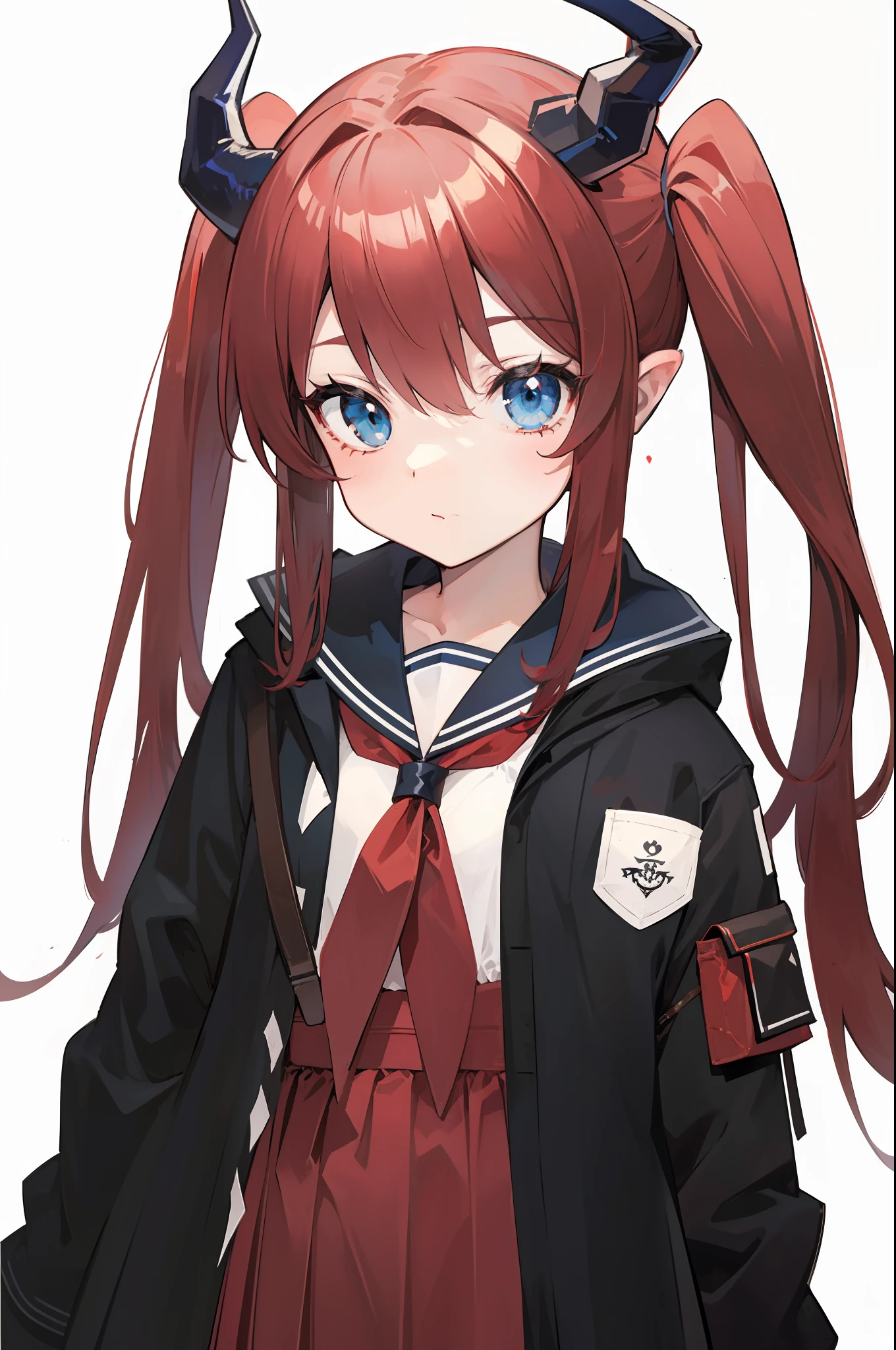 red hair, blue eyes, twintails,Sailor suit,Dragon horns,coat,red Pleated skirt,solo,1girl, arknights, long hair, loli,