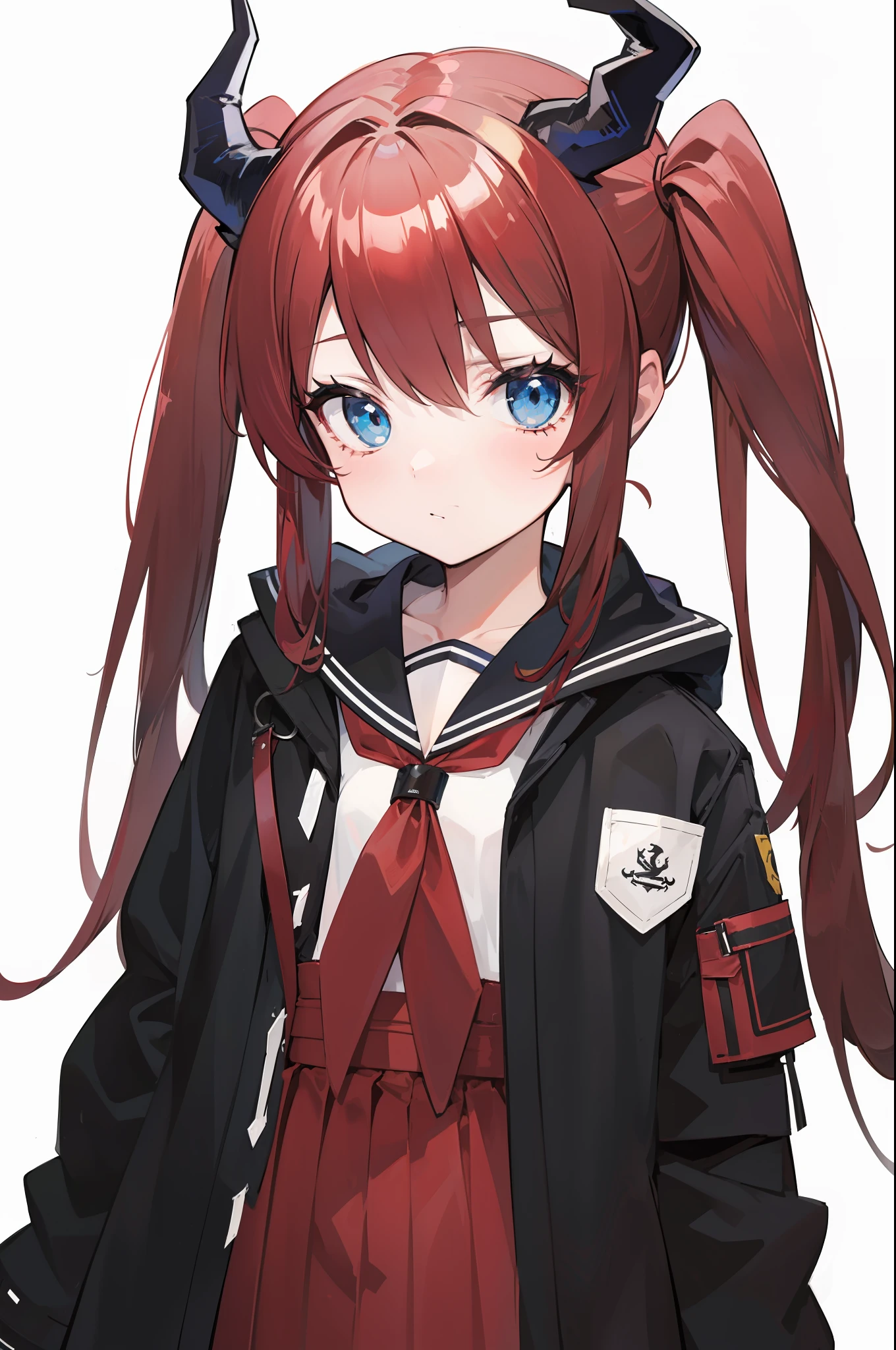red hair, blue eyes, twintails,Sailor suit,Dragon horns,coat,red Pleated skirt,solo,1girl, arknights, long hair, loli,