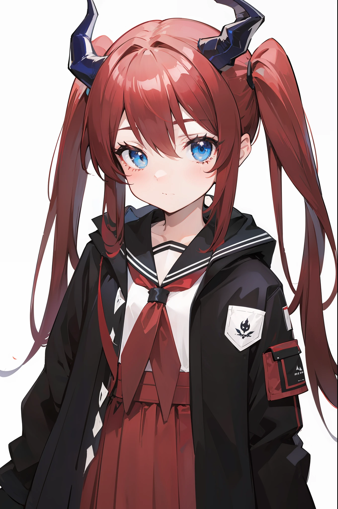 red hair, blue eyes, twintails,Sailor suit,Dragon horns,coat,red Pleated skirt,solo,1girl, arknights, long hair, ,