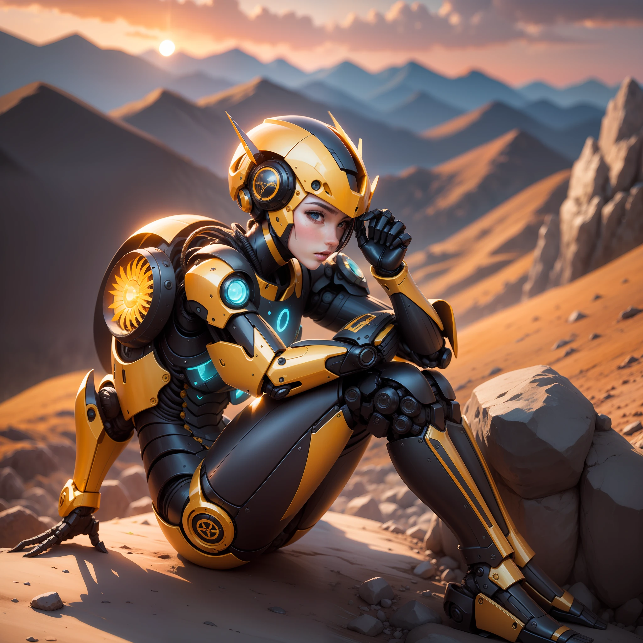 Robot ha manoide muy intrincado de color dorado. Sitting on top of a mountain watching an orange sunset