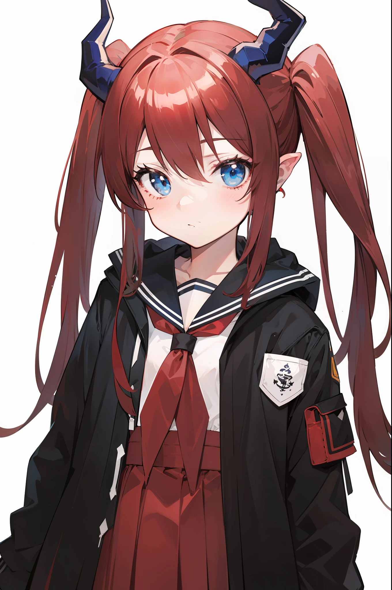 red hair, blue eyes, twintails,Sailor suit,Dragon horns,coat,red Pleated skirt,solo,1girl, arknights, long hair, loli,