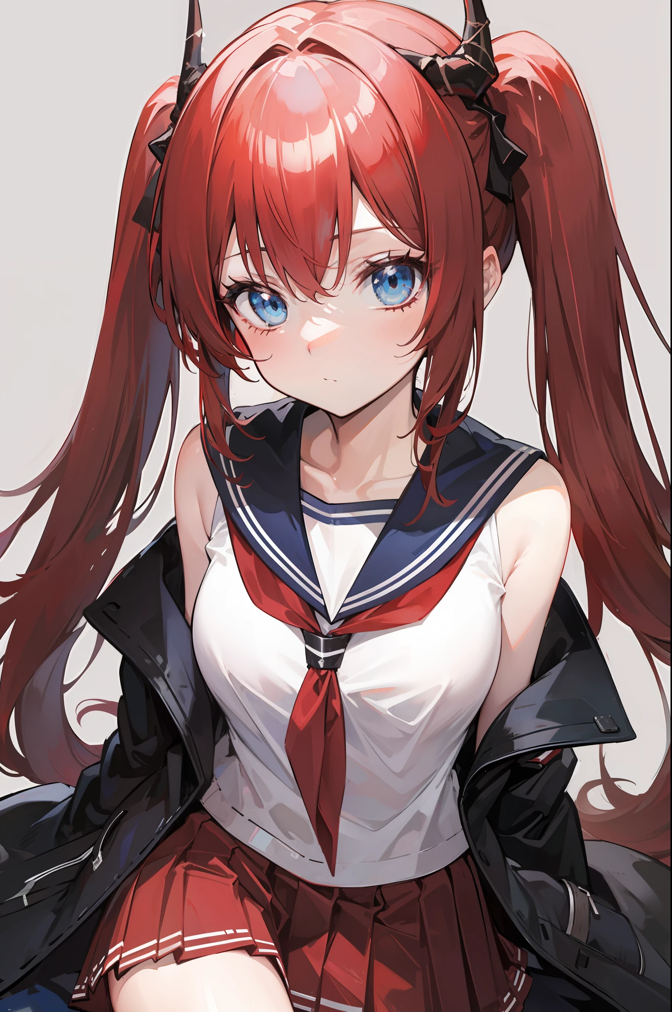 red hair, blue eyes, twintails,Sailor suit,Dragon horns,coat,red Pleated skirt,solo,1girl, arknights, long hair, loli,