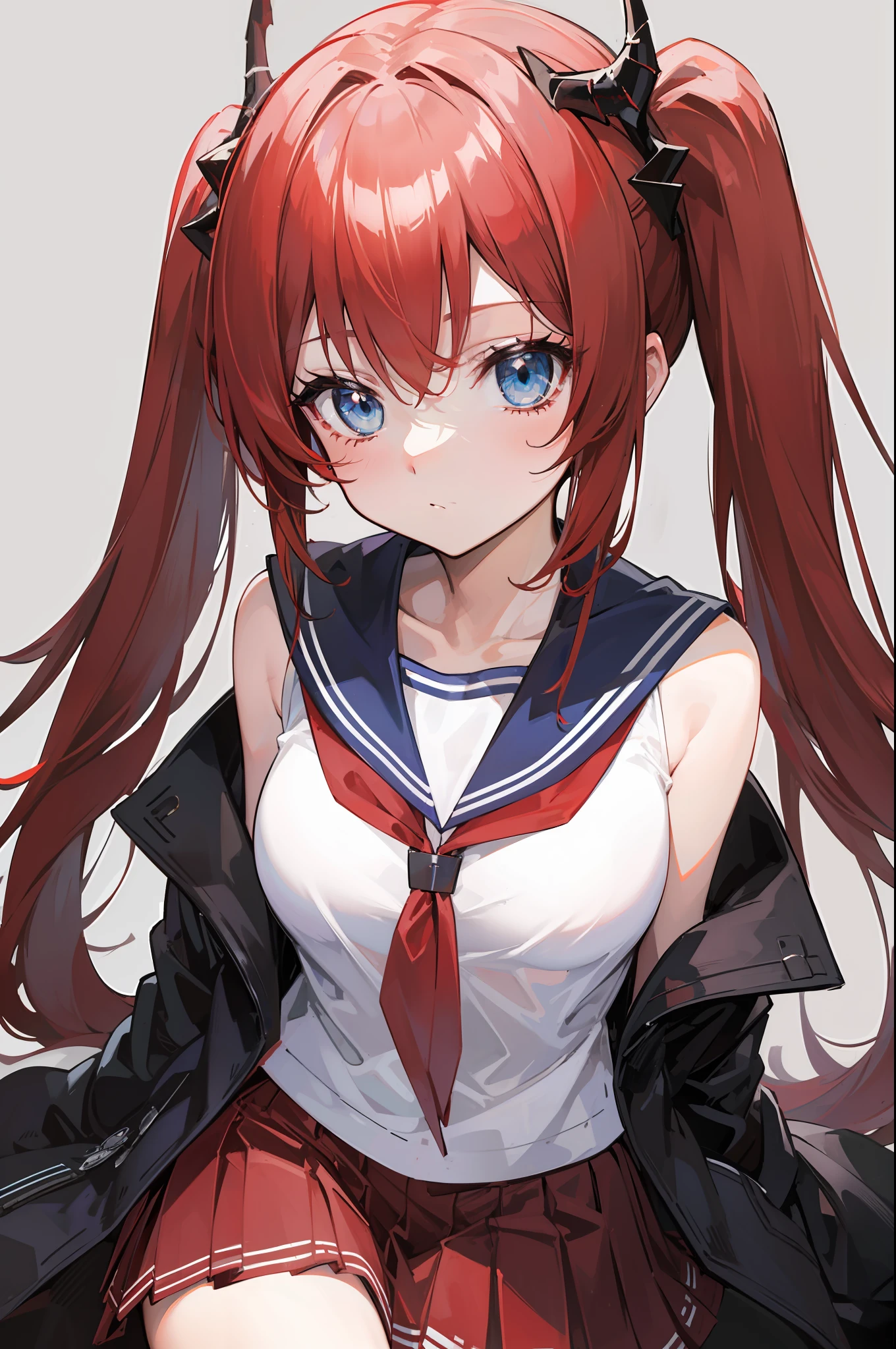 red hair, blue eyes, twintails,Sailor suit,Dragon horns,coat,red Pleated skirt,solo,1girl, arknights, long hair, ,