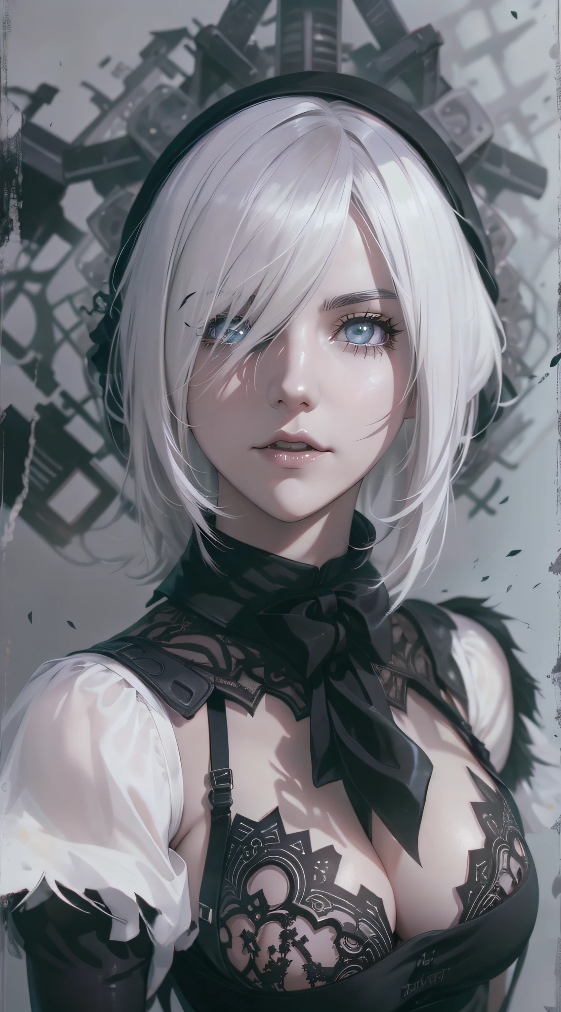 there is a woman with white hair and a black bra top, nier inspired, 2 b, 2b, nier:automata inspired, nier : automata inspired, perfect white haired girl, 2 b from nier automata, 2b from nier automata, 2b nier automata, silver hair girl, anime girl cosplay, pale goth beauty, nier autoamata