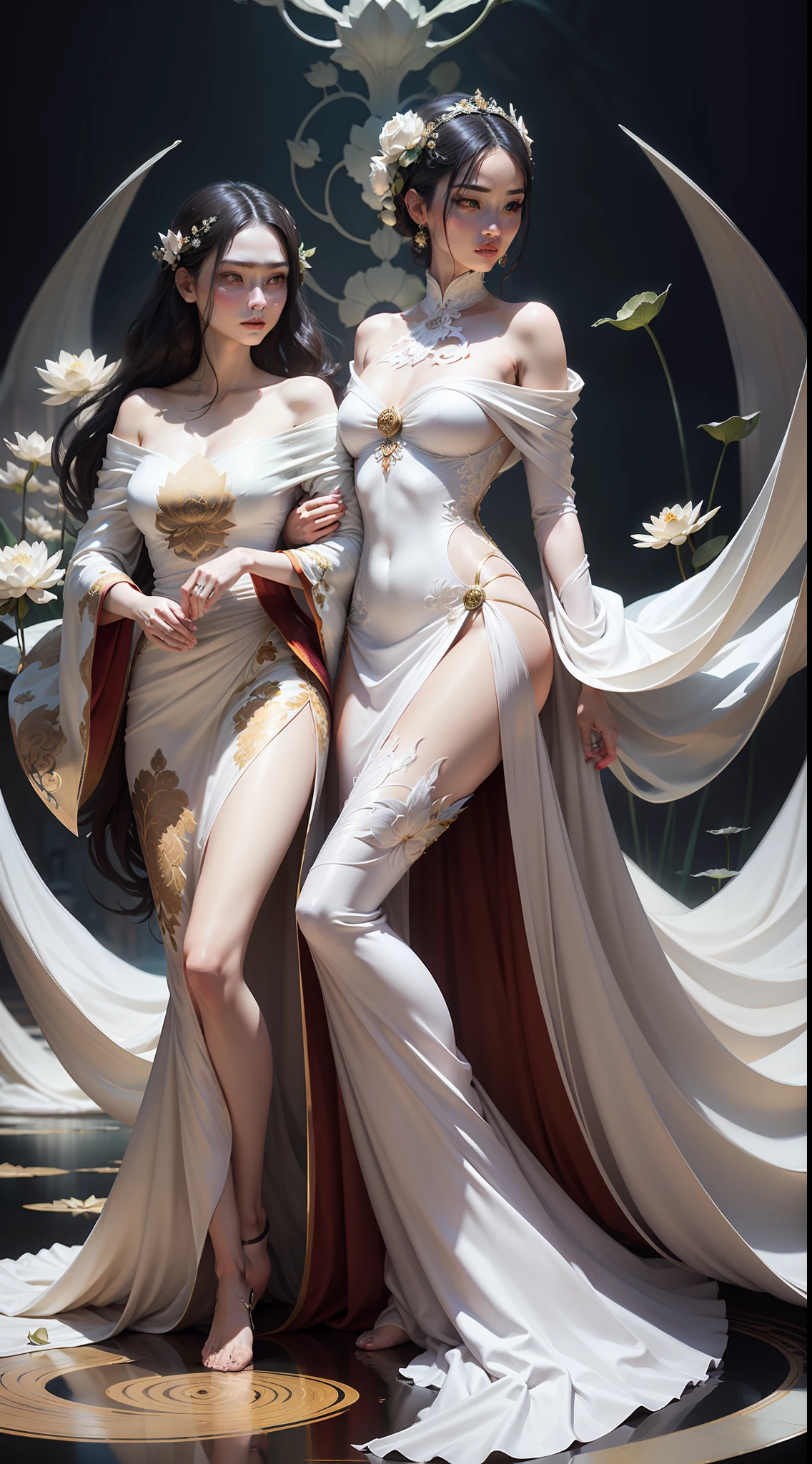 The arade image of a woman in a dress wearing a woman with lotus leaves in bloom, Cheng Jiasui poster art, Tumblr, Renaissance, endless flowing ethereal drapery,, Art Nouveau fashion photography, art nouveau octane render, beautiful flowing fabric, goddes, special, steven meisel photography, flowing white robe
