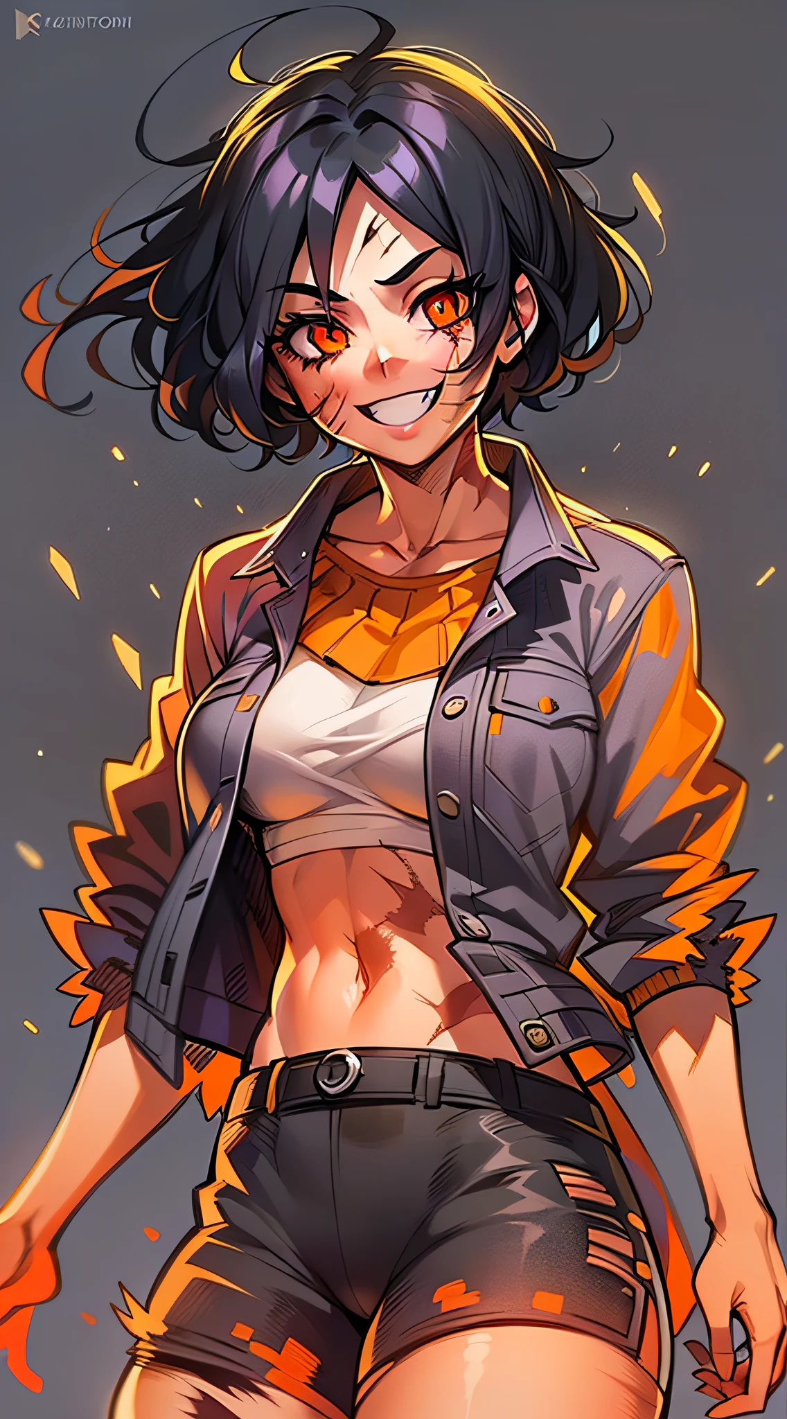 Best Quality, super detailed illustration, A girl, (Crazy orange eyes:1.2),(wide eyes:1.2), (short disheveled black hair:1.2),(crazy smile:1.2) ,(Scars:1.2), combat pose, the perfect body, Loose clothing