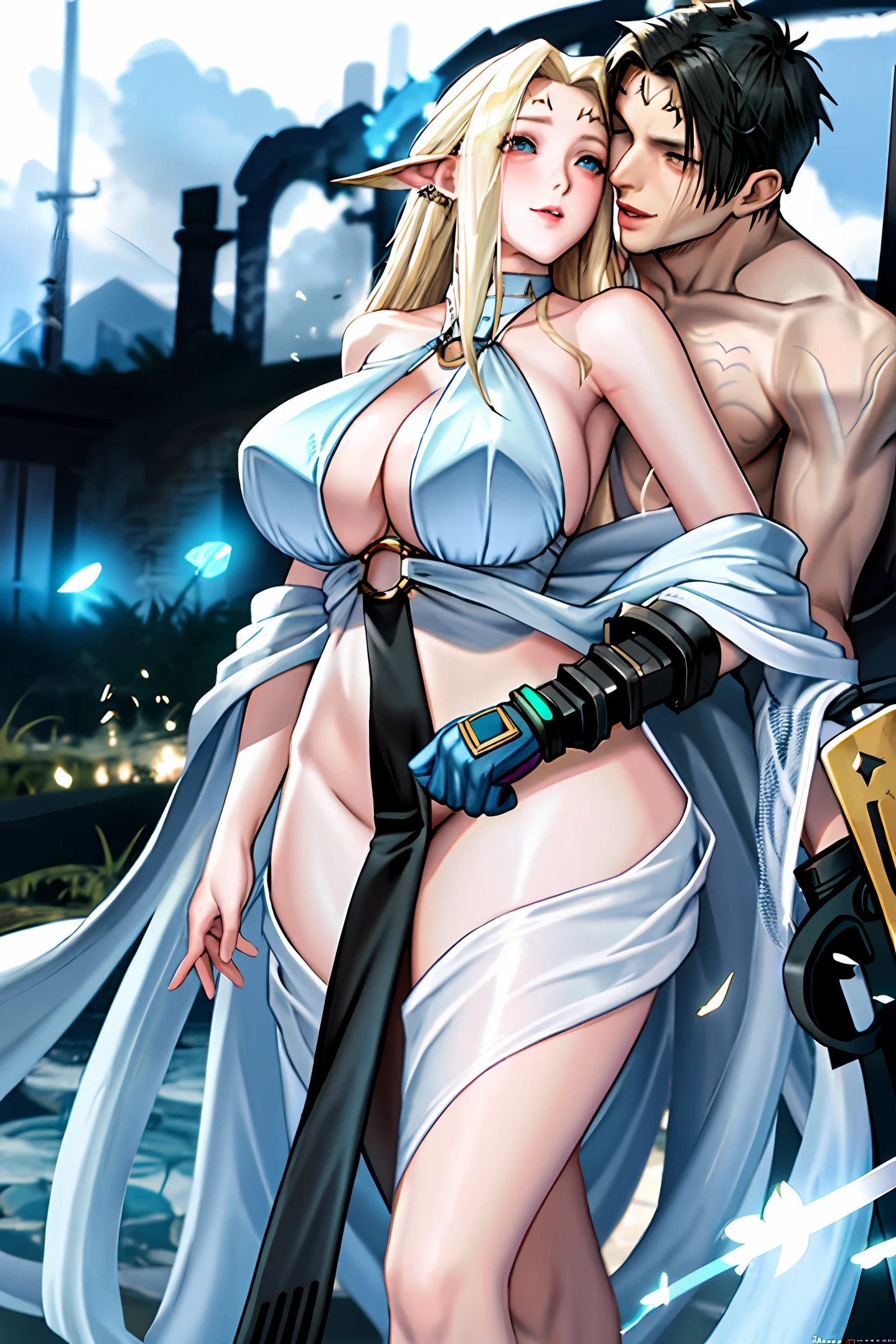 A VOLUPTUOUS FEMALE DEITY wearing just a PLAIN LONG WHITE SLEEVELESS DRESS with LONG SKYBLUE WAVY HAIR and having HIP SLITS, KISSING SEPHIROTH From FINAL FANTASY VII