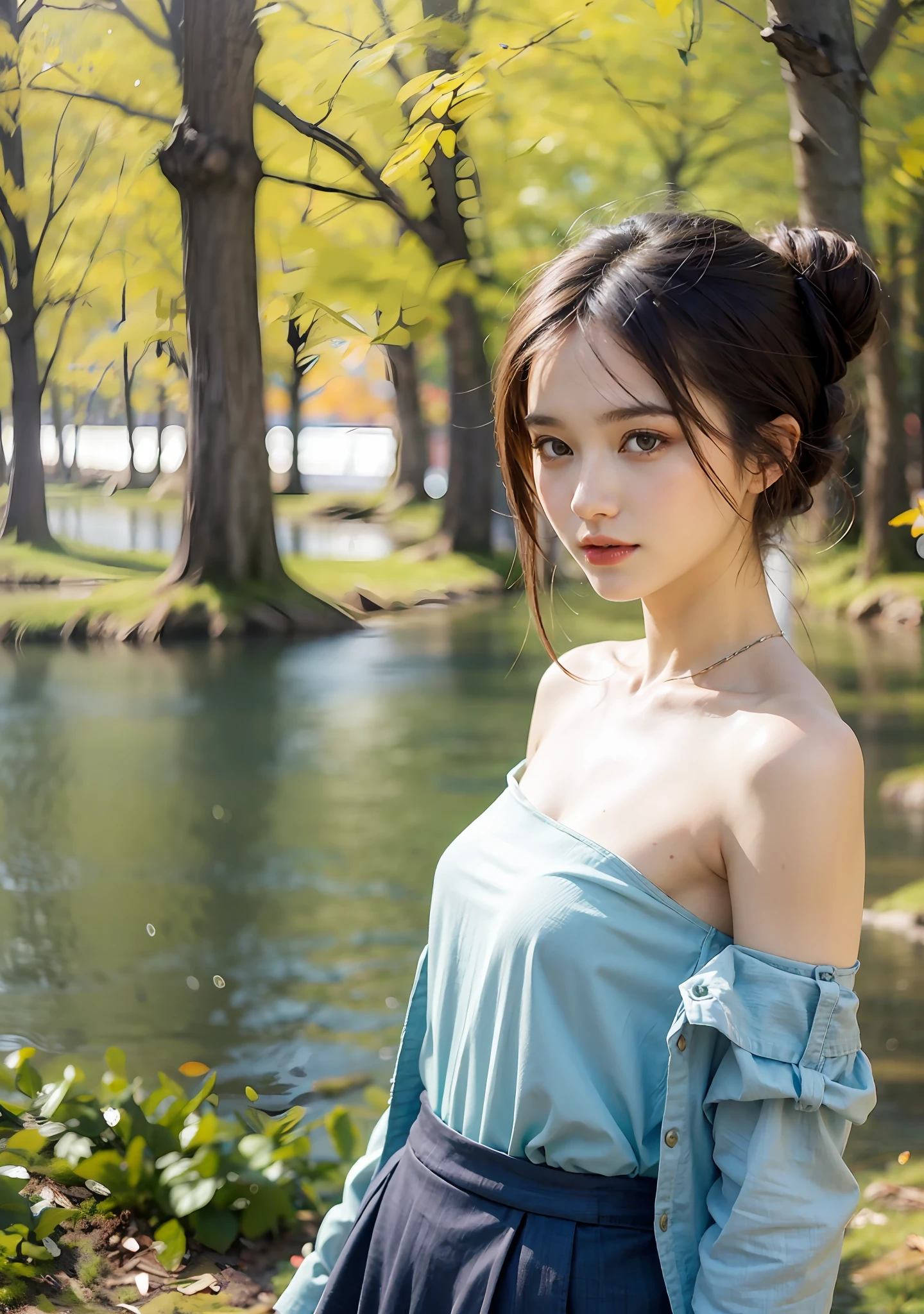 22 year old girl, wearing white short skirt, light blue shirt, girl standing by the lake, behind the autumn forest, brown hair, upper body, portrait, deep of field, f/0.5, 180mm, girly, pretty, skin detailing, realistic, 1 girl, bare shoulders, natural pose, high bun, blazer, pretty headband, autumn tree