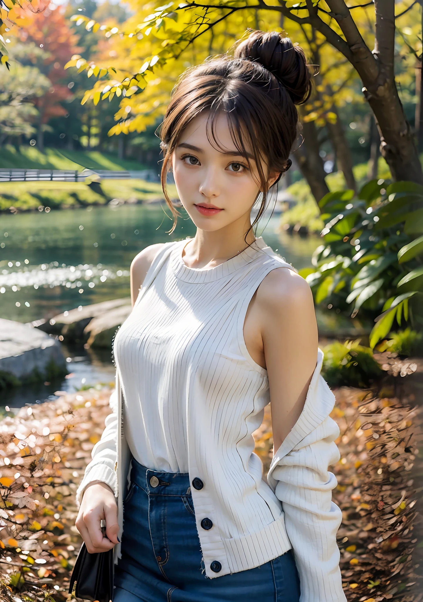 22 year old girl, wearing white short skirt, light blue shirt, girl standing by the lake, behind the autumn forest, brown hair, upper body, portrait, deep of field, f/0.5, 180mm, girly, pretty, skin detailing, realistic, 1 girl, bare shoulders, natural pose, high bun, blazer, pretty headband, autumn tree