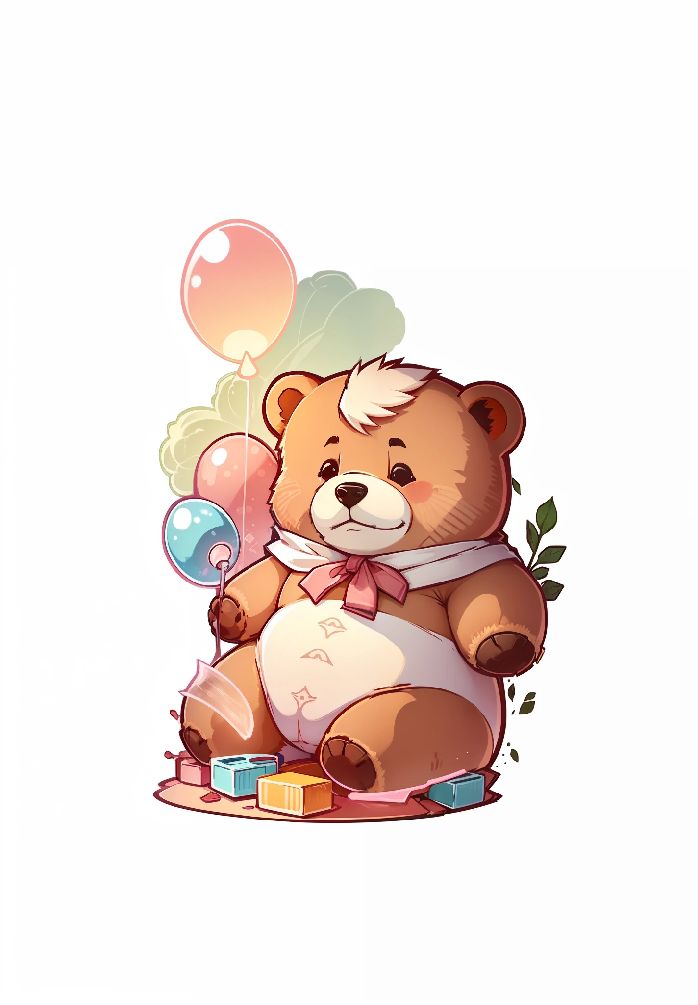 Cute bear doll，Flat illustration style，The lines are sharp and simple，Bright colors，white backgrounid，The bear doll is pink，hairy pubic，Clear lines，Clear illustration