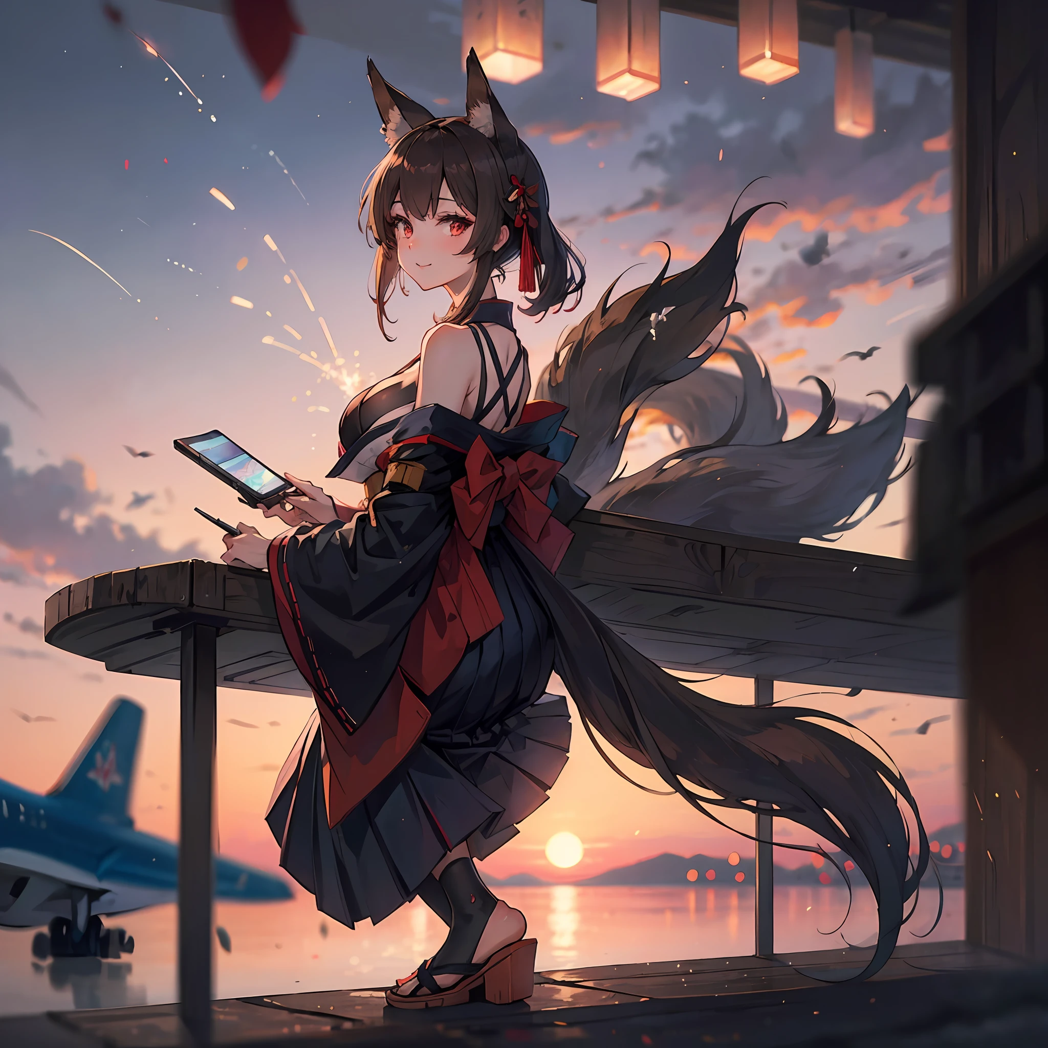1girl,aircraft,airplane,animal_ears,bangs,bare_shoulders,black_hair,black_kimono,black_legwear,blunt_bangs,blurry,blurry_background,blurry_foreground,breasts,brown_hair,cleavage,cloud,depth_of_field,evening,eyeliner,eyeshadow,fireworks,flight_deck,fox_ears,fox_girl,fox_tail,geta,hair_tubes,hakama,hakama_short_skirt,hakama_skirt,japanese_clothes,kimono,kitsune,kyuubi,large_breasts,long_hair,looking_at_viewer,makeup,multiple_tails,outdoors,pleated_skirt,red_eyes,sitting,skirt,sky,smile,solo,tail,tassel,thighhighs,thighs,white_kimono,wide_sleeves,akagi_(azur_lane),kaga_(azur_lane) --auto