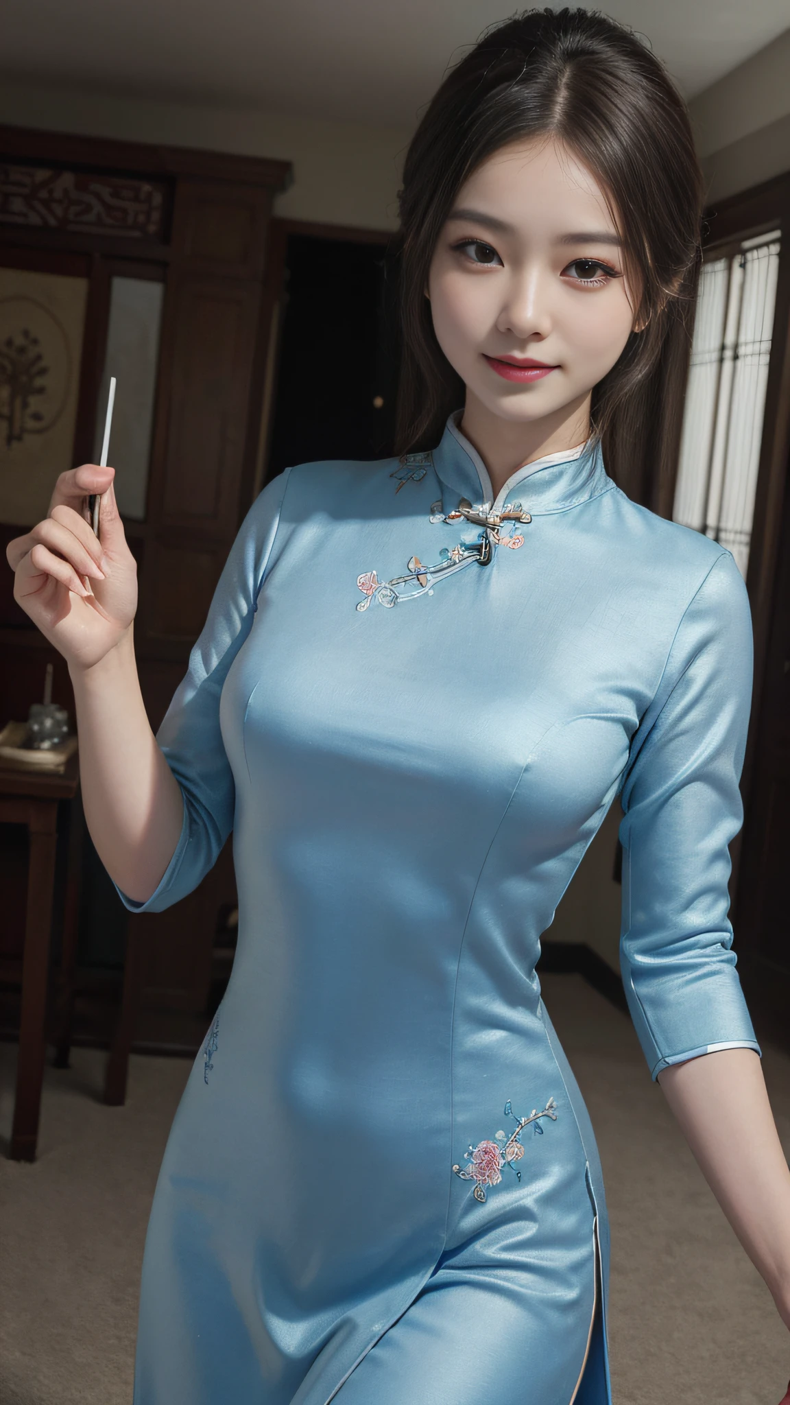 (Masterpiece, offcial art, Extremely detailed, Detal Face), (Realistic), (Women in traditional Chinese style), Blue cheongsam: 1.2, Dance, posing elegantly, Light smile, (Photorealistic), Verism, angle of view, Best quality, hyper HD, Super detail, Best quality, 8K, 4K