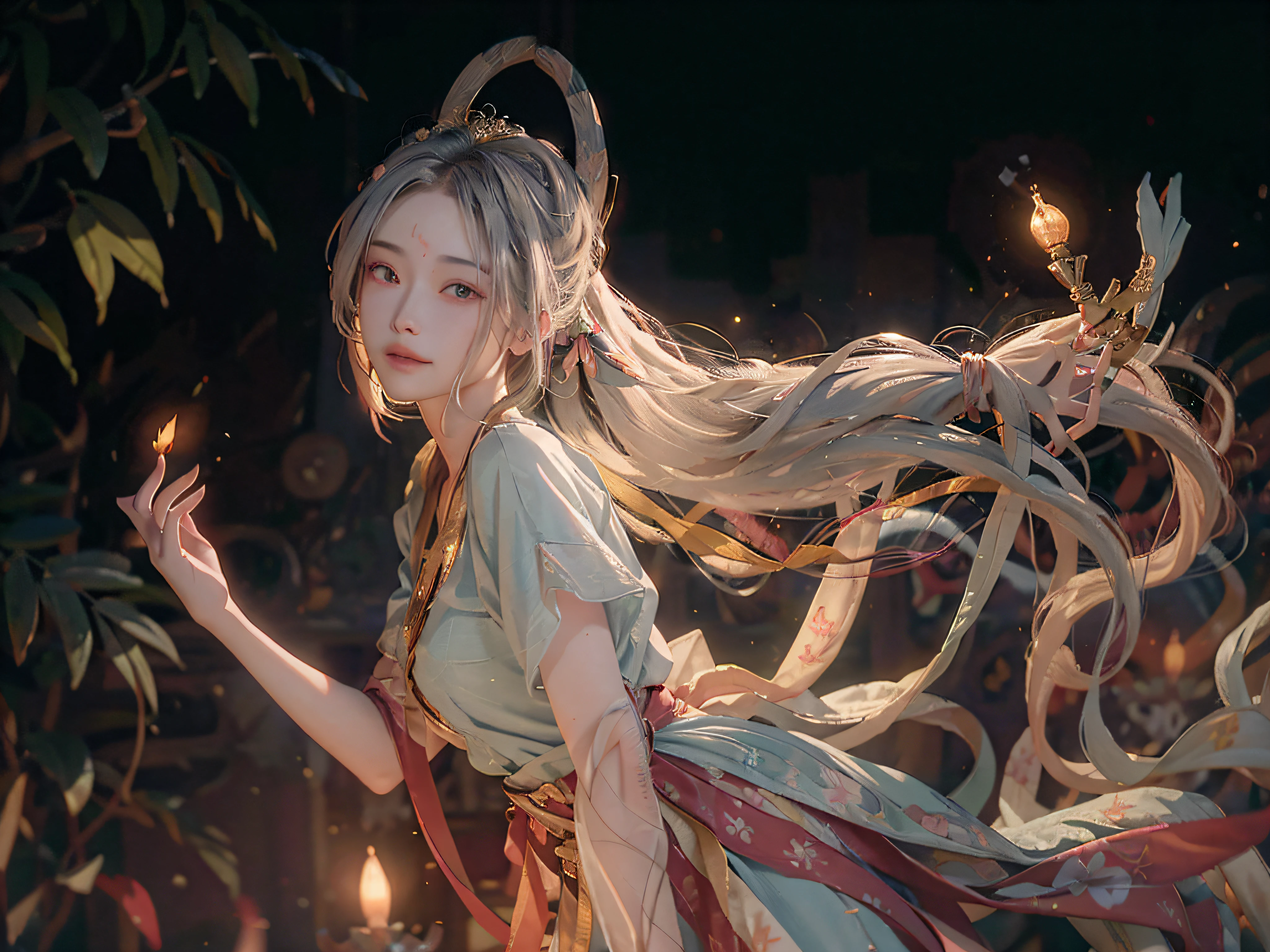 (RAW Photo, Best Quality), (Realistic, Photorealistic Real: 1.3), Best Quality, Highly Detailed, Masterpiece, Ultra Detailed, Illustration, 1 Girl, upper_body, Dynamic Angle, World Mastery Theater, messy_long_hair, Best Quality, Extremely Detailed CG Uniform 8k Wallpaper, Ink, Amazing, Sexy, Peach Blossom Eyes, Gray Hair, Smile, Movie Lights, lens_flare, dunhuang_style
