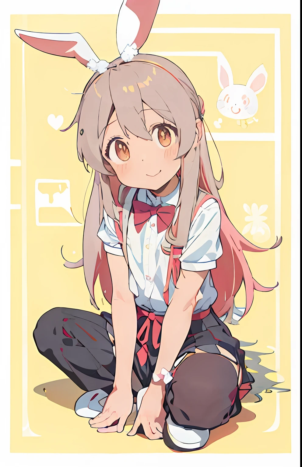 Anime girl sitting on the ground，Rabbit ears with bow ties, nyaruko-san, holding a pudica pose, small curvaceous , Sakura Haruno, shirabii, zerochan, wataru kajika, gapmoe yandere, shikamimi, eechi, Pisif, Lolirochan art, discord pfp